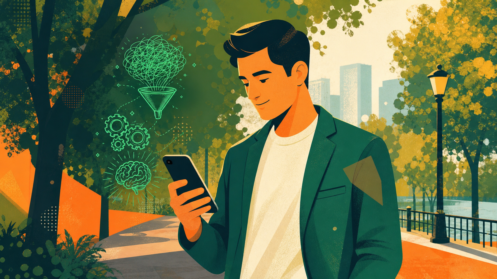 A person glancing at their smartphone during an outdoor walk, a simple meeting agenda visible on the screen. Business casual attire, bright natural daylight, urban park setting with trees in the background. Clean, modern illustration style with a warm, approachable tone.