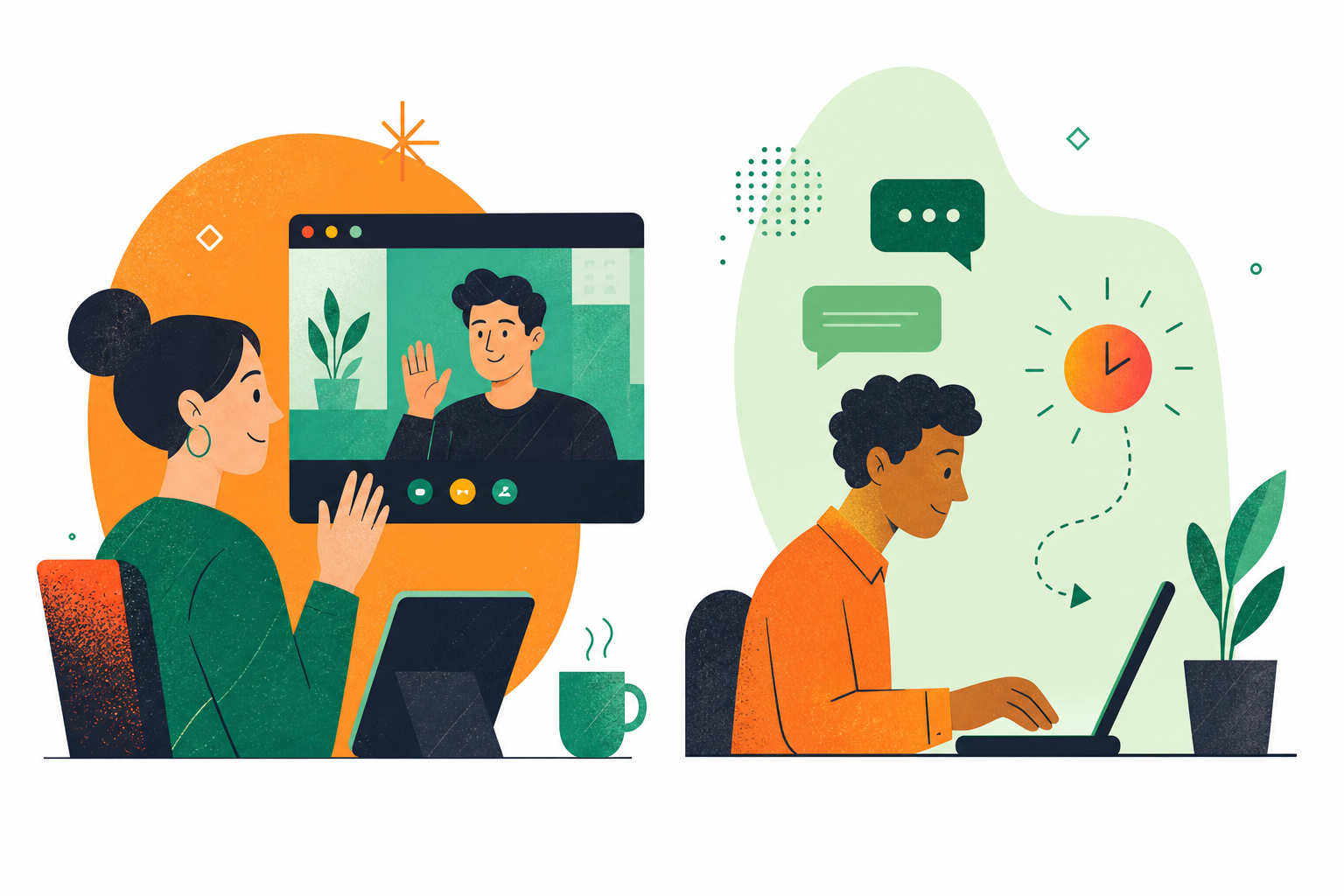 A clean, modern illustration showing two people communicating: one on a video call (representing synchronous communication) and one typing a message with a delayed response indicator (representing asynchronous communication). Split composition, warm professional colors, flat design style, white background.