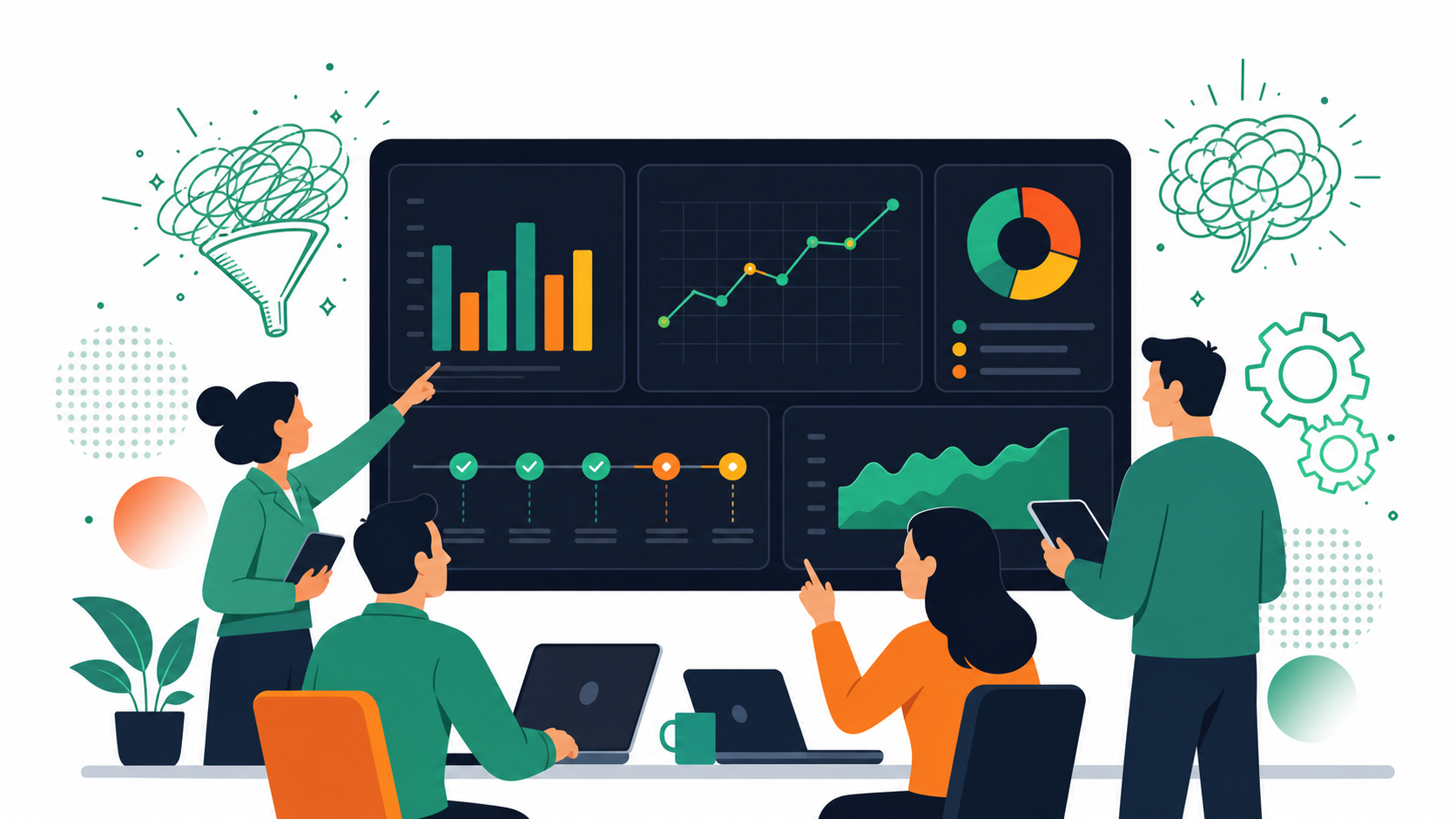 A clean, modern flat-design illustration showing a marketing team tracking goals and KPIs on a shared dashboard. Bar charts, line graphs, and milestone markers displayed on a large screen. Team members pointing at metrics. Professional SaaS style, bright blues and greens, white background, no text, minimalist.