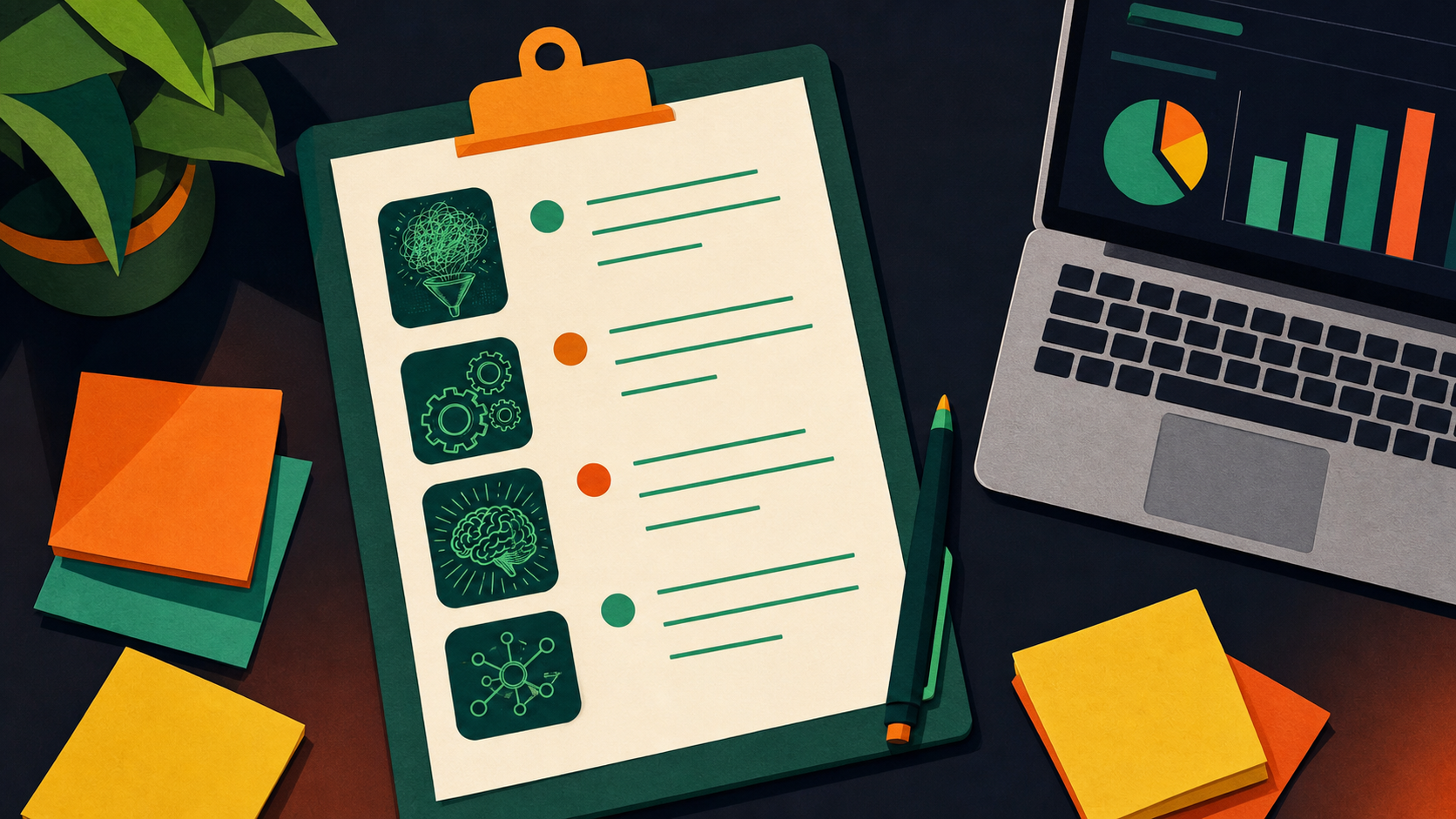 A close-up flat-lay illustration of a sales meeting agenda on a clipboard, with a pen, sticky notes, and a laptop nearby showing pipeline metrics. Clean, bright, corporate style. Wide format.