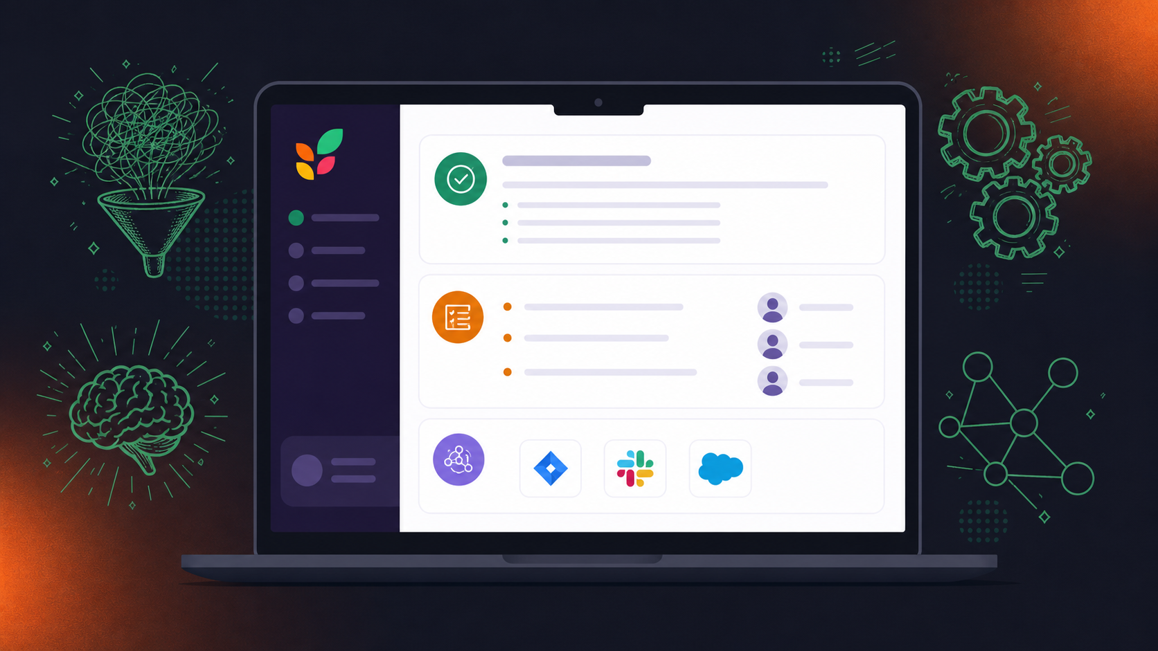 A clean, flat-design illustration showing an AI meeting assistant interface on a laptop screen. The screen displays a structured meeting summary with sections for decisions, action items with named owners, and integrations icons for Jira, Slack, and Salesforce. The style is professional and minimal, using a modern purple and white color scheme. No text overlays needed.