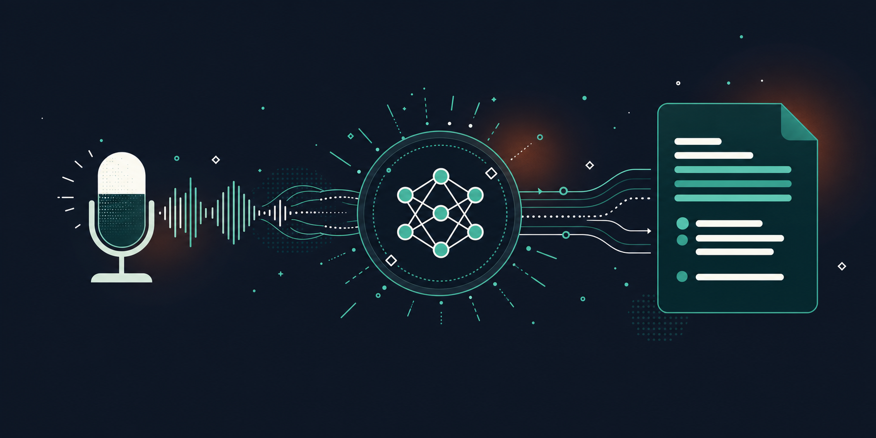 Clean, modern flat illustration showing how AI transcription works. A microphone on the left emitting sound waves, which flow into a central AI processing node (represented by a simple neural network or chip icon), which then outputs clean structured text on the right. Muted blue, teal, and white color palette. Professional, technical, B2B SaaS style. No people, no text labels.