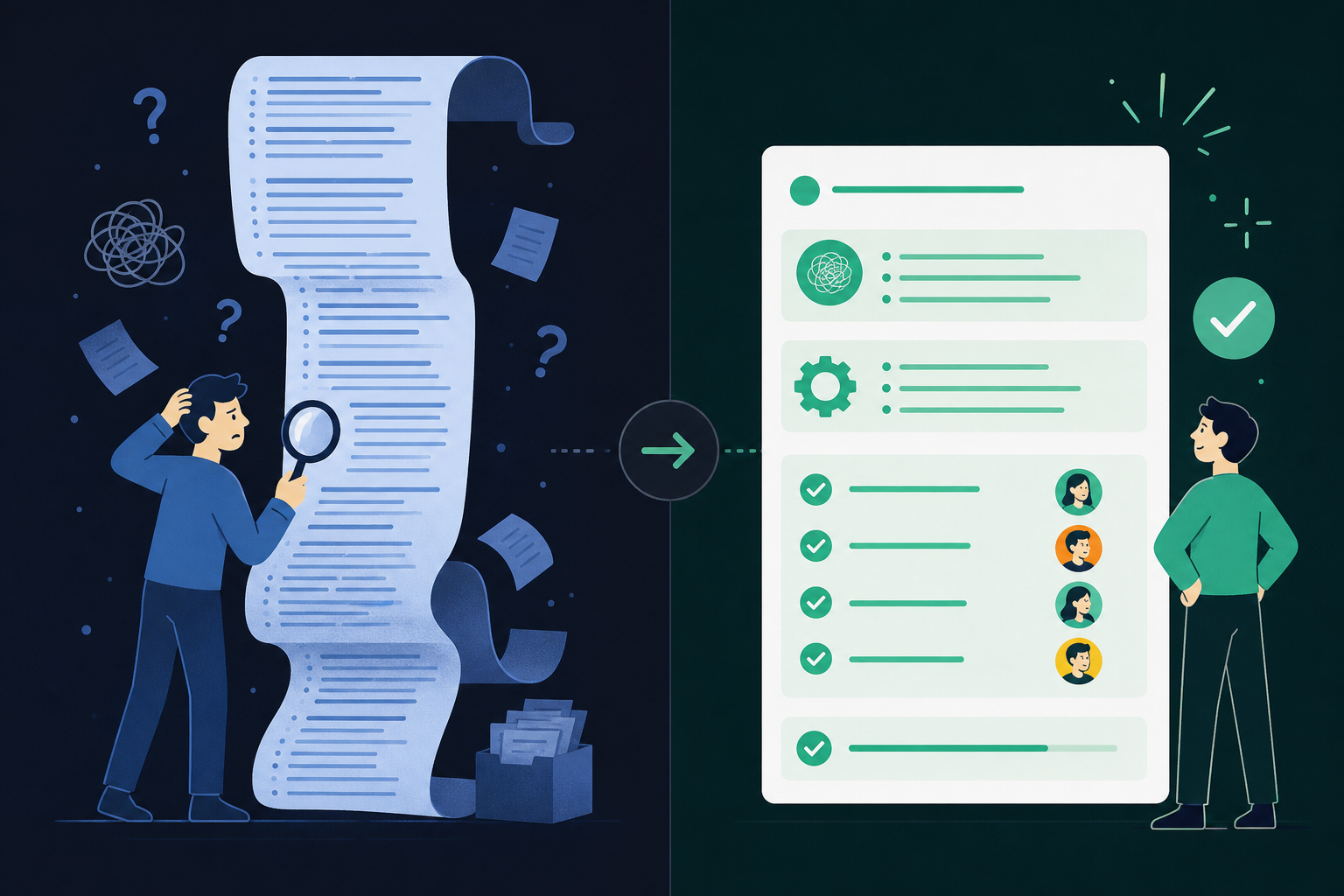 A clean, modern flat-design illustration showing a side-by-side comparison of AI meeting tools. Left side shows a cluttered, long transcript scroll with a frustrated person searching through it. Right side shows a concise, structured meeting summary with clear action items, named owners, and checkboxes. Soft blue, green, and white color palette, minimal icons, professional SaaS style.