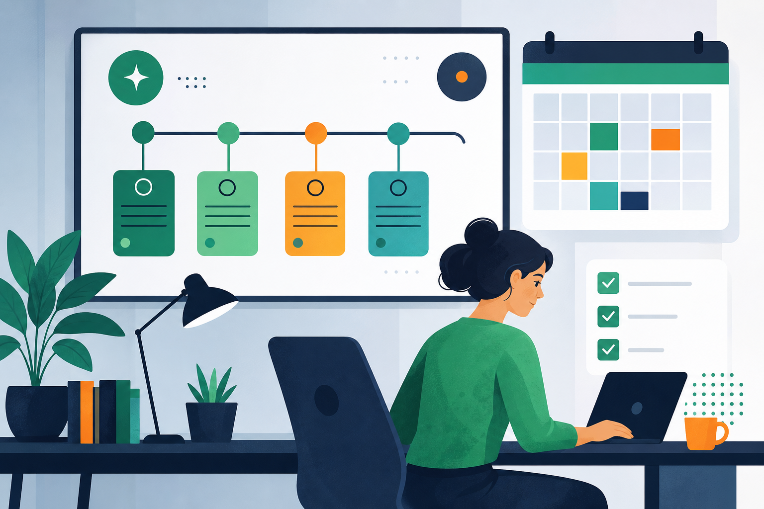 A professional workplace illustration showing an organized person at a desk with a clear project timeline on a whiteboard, color-coded calendar, and step-by-step checklist. Clean, modern flat design style with soft blues and greens. Represents a process-oriented, deadline-driven communicator in a team setting.