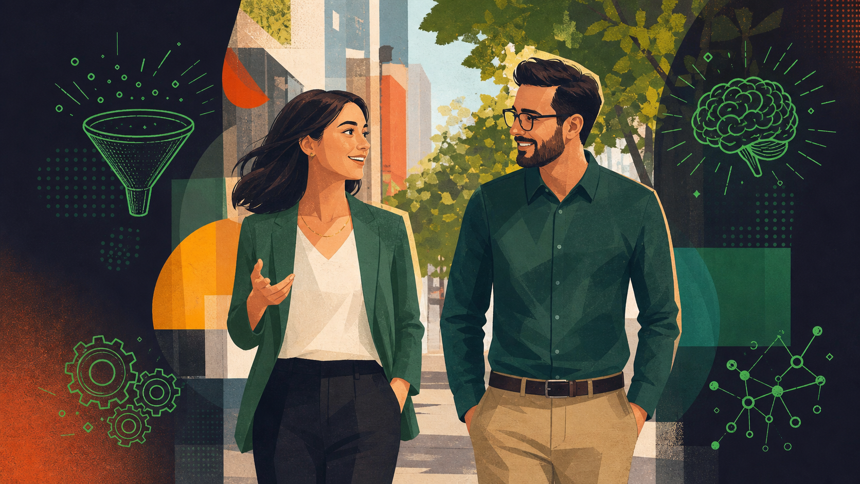 Two professionals walking side by side outdoors on a city sidewalk, engaged in a friendly conversation, both in business casual attire. Bright natural daylight, urban background with trees and buildings slightly blurred. Clean, modern illustration style with a warm, approachable tone. No phones or screens visible.