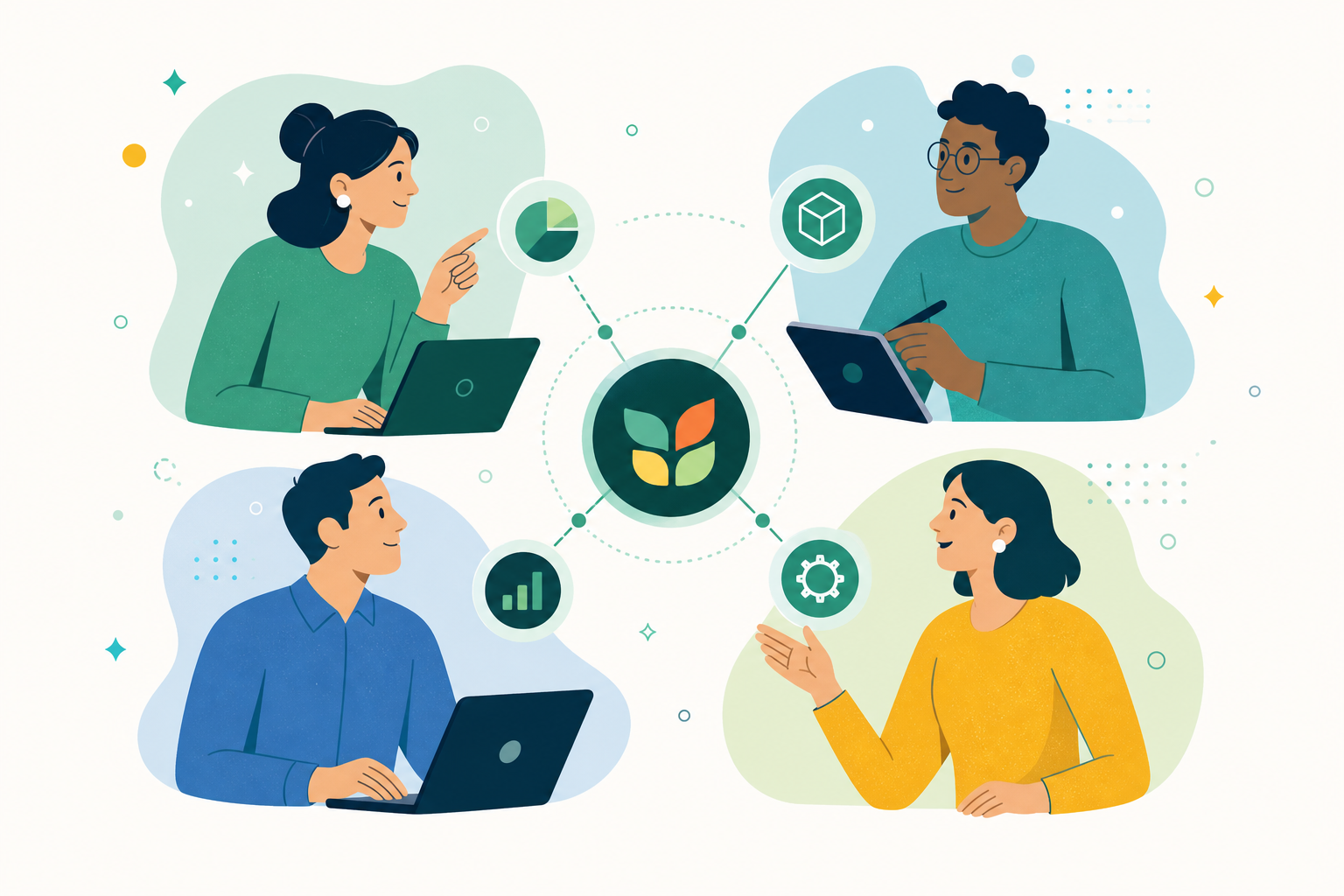A split illustration showing cross-departmental collaboration in a management meeting. Four managers from different departments (marketing, product, finance, operations) each represented by a distinct color, sharing insights around a central hub. Clean, minimal aesthetic, flat illustration style, light background, blues and greens.