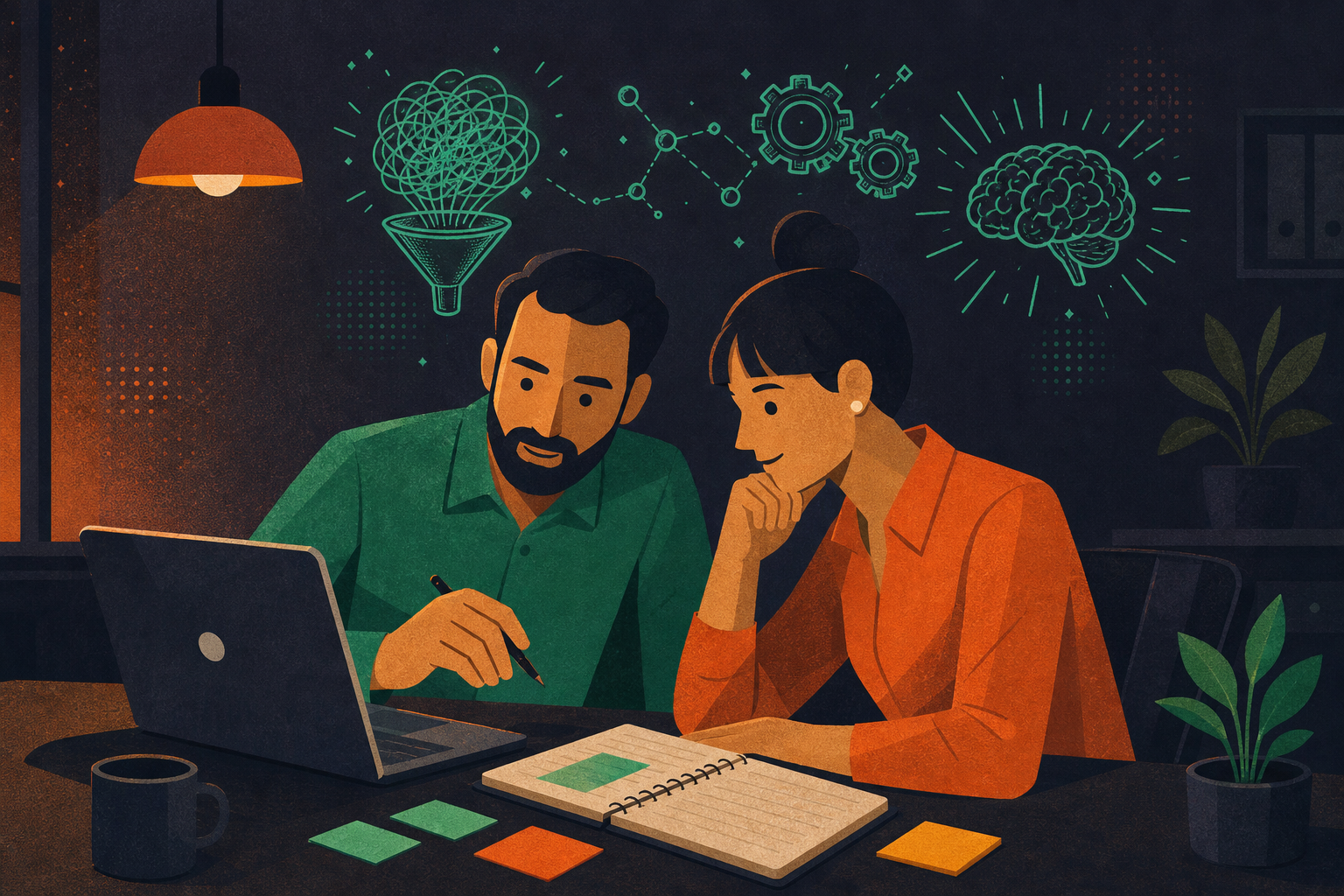 A manager and new employee reviewing a shared agenda together at a desk, preparing for a one-on-one meeting. Sticky notes, a laptop, and a notebook on the table. Warm, professional office setting. Clean, editorial illustration style.