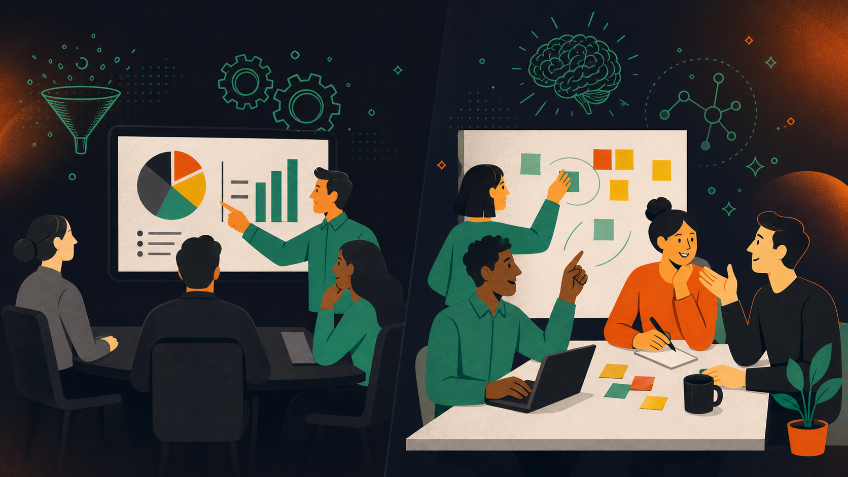 A clean, modern flat-style illustration showing two contrasting meeting scenarios side by side. On the left, a "status meeting" with people passively listening to a presenter pointing at charts on a screen — subdued, one-directional. On the right, a "working session" with a small team actively collaborating around a table, writing on a whiteboard, pointing at sticky notes, and discussing ideas with energy. Bright, professional color palette with soft greens and whites. No text labels needed.
