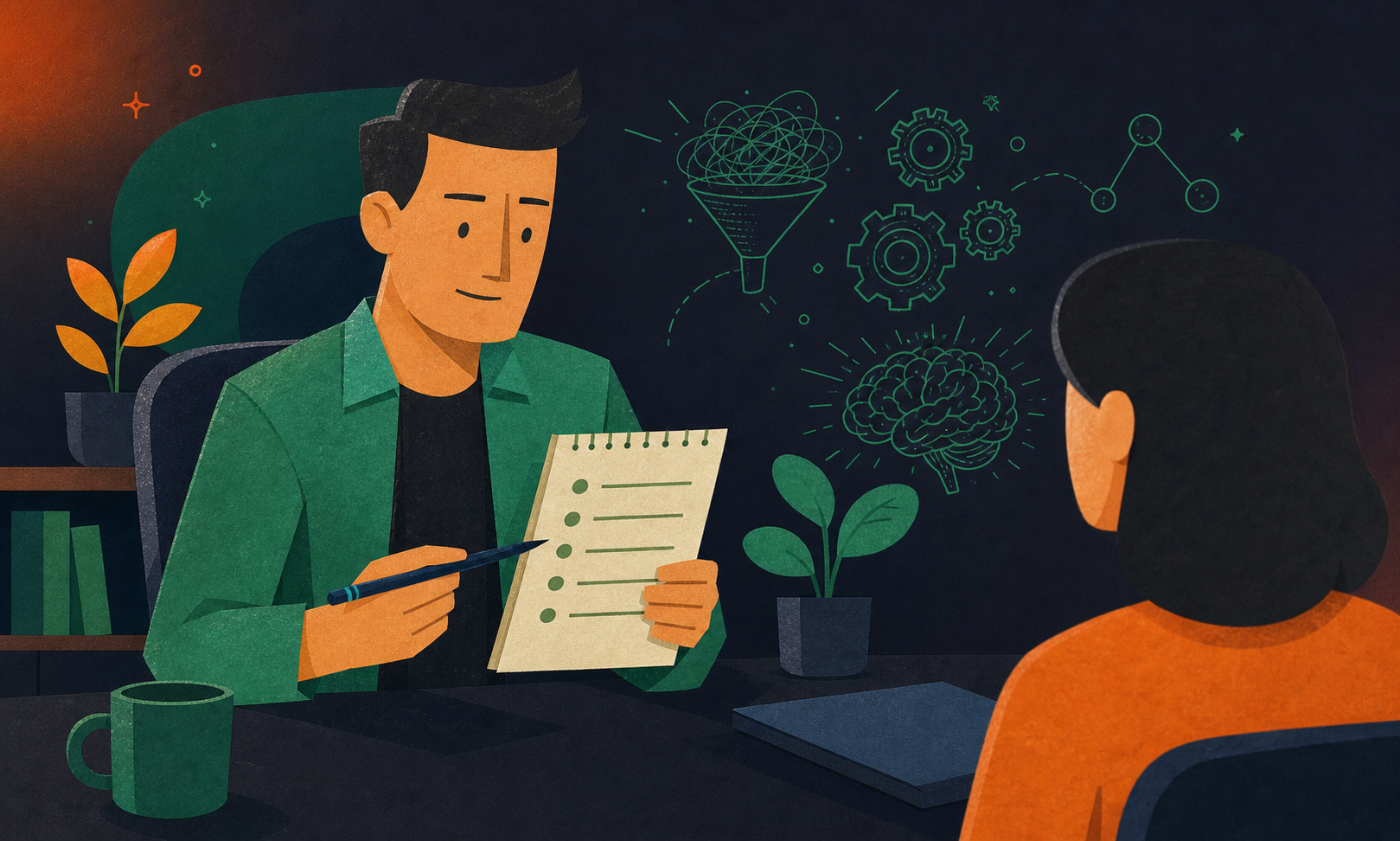 A manager reviewing a list of career growth questions on a notepad during a one-on-one meeting, modern office setting, clean minimal illustration style, muted blue and green tones