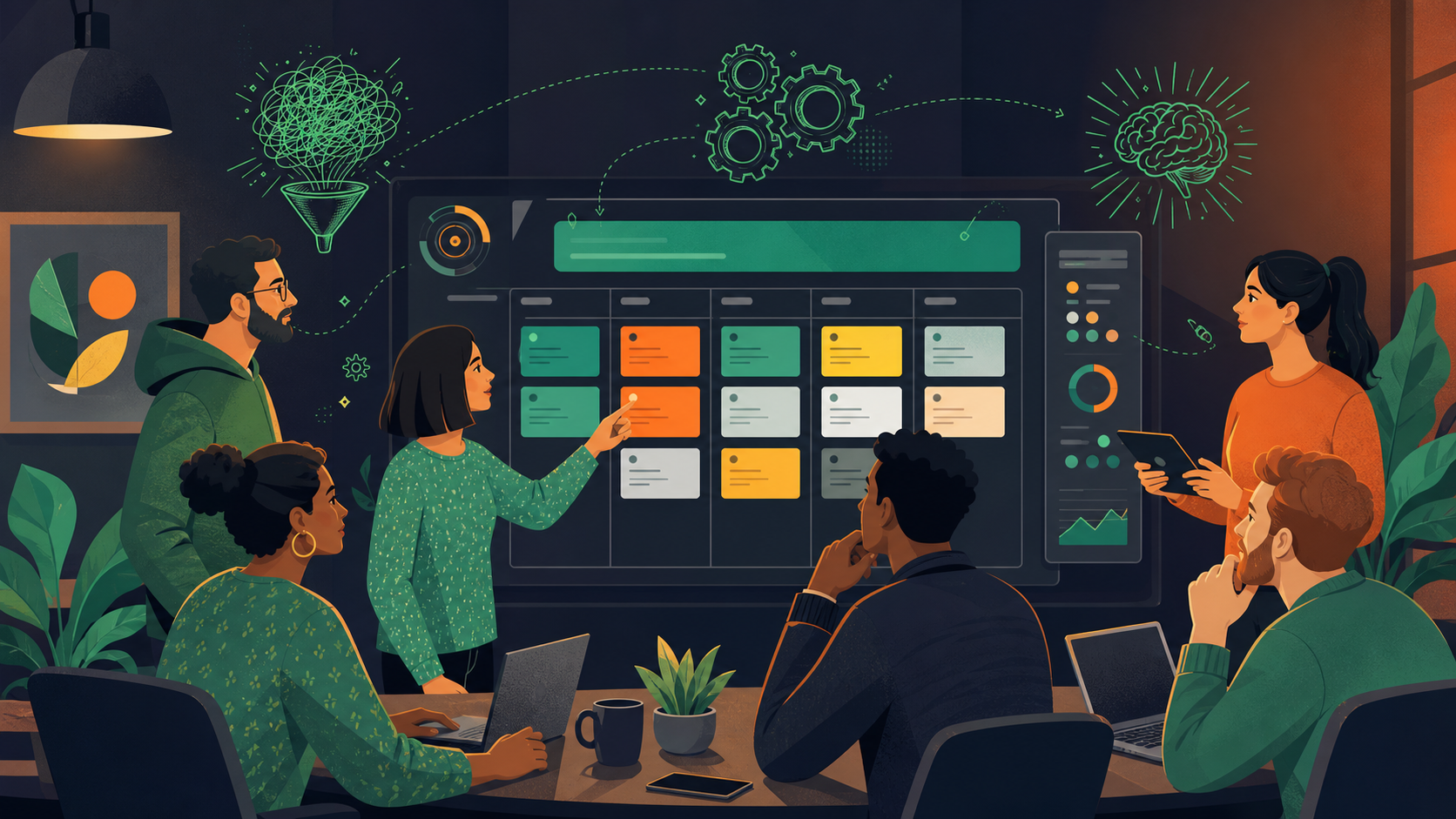 A modern agile sprint planning meeting scene: a diverse team of software developers, a product manager, and a scrum master gathered around a large digital screen showing a sprint board with colorful task cards, story points, and a sprint goal banner. Clean, flat-illustration style with a light, professional color palette of blues and greens. No text overlays.