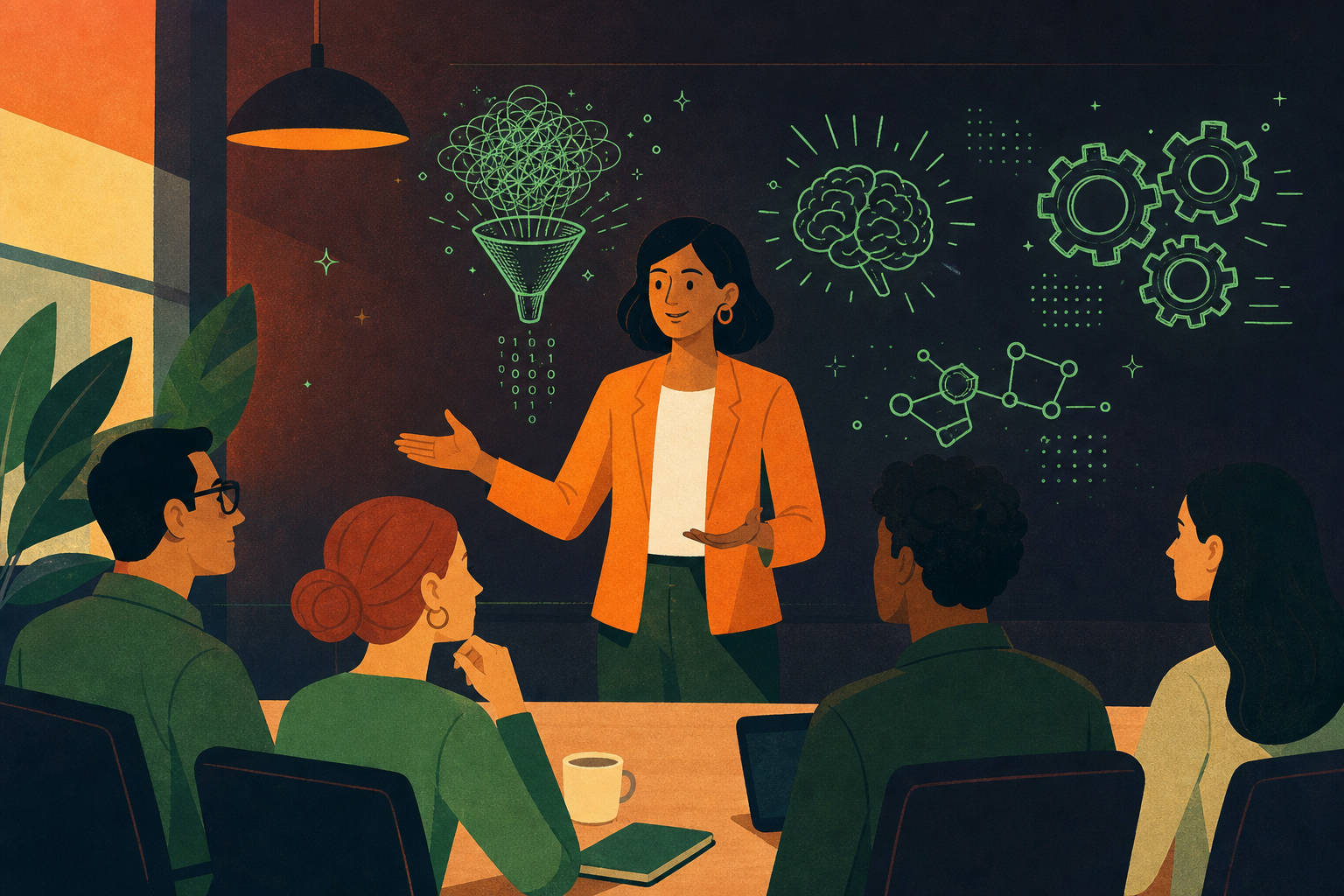 A professional, clean illustration of a manager or team leader standing at the front of a meeting room, calmly and openly addressing a small group of attentive employees seated at a table. The scene conveys transparency, trust, and composed leadership communication. Warm, modern office setting with soft lighting. Flat-style or minimal vector illustration, no text, no logos.