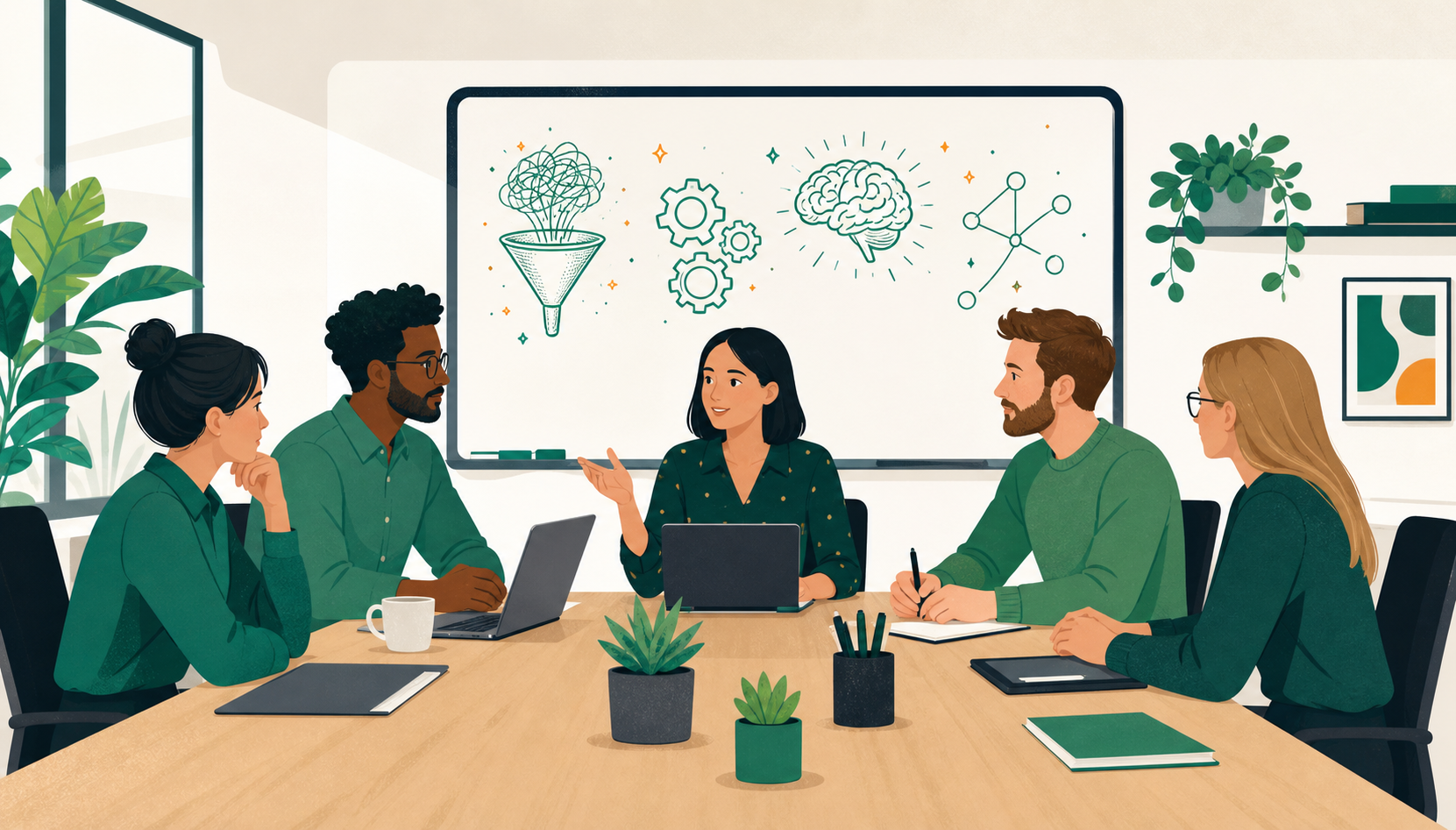 A professional leadership team of 4-5 people seated around a modern conference table in a well-lit office. They are actively engaged in a structured meeting, with a whiteboard showing a clear agenda behind them. The mood is focused and collaborative. Clean, minimal aesthetic, flat illustration style, light background, blues and greens.