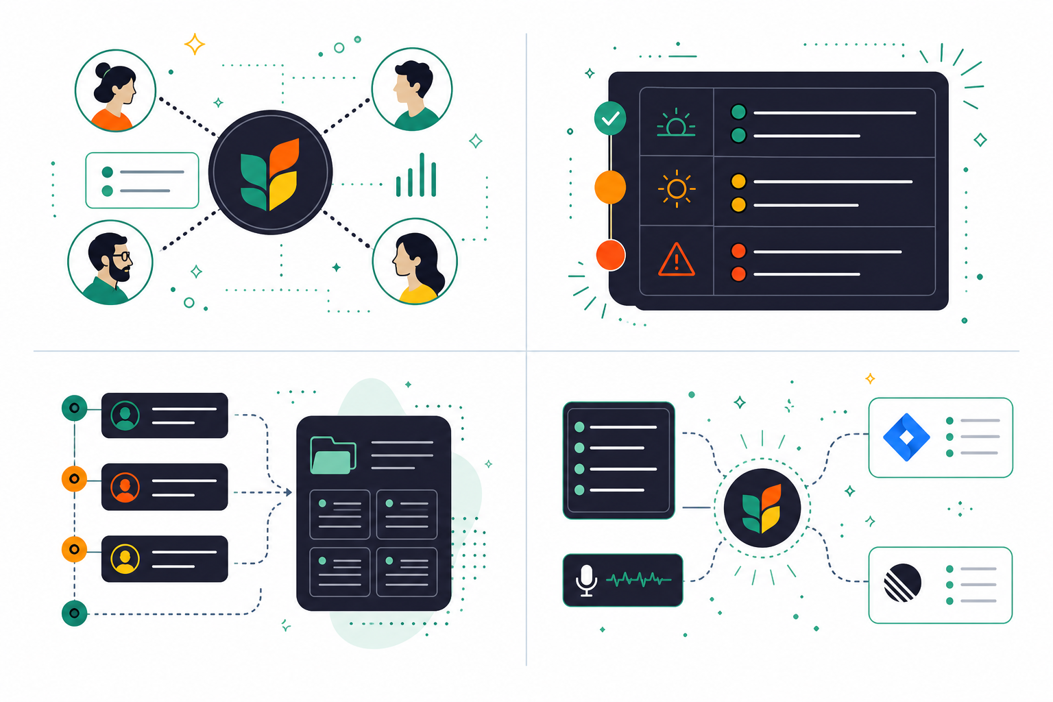 A clean, modern flat-design illustration showing the benefits of using a Scrum tool for Agile meetings. Four labeled sections in a 2x2 grid layout: centralized communication (team members connected via a shared enterprise hub), structured updates (a clean checklist with yesterday/today/blockers fields), documentation and history (a timeline of meeting records flowing into a knowledge base), and task management integration (meeting notes automatically routing into Jira and Linear ticket cards). Professional teal and indigo color palette, white background, minimal corporate style, consistent with enterprise workflow diagrams.