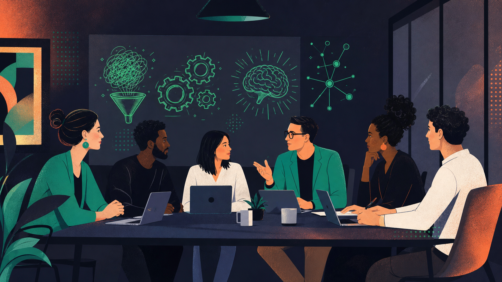 A professional illustration of a diverse leadership team in a modern meeting room, seated around a conference table with laptops and notebooks, engaged in focused discussion. Clean, minimal style with a blue and white color palette. No text overlays.
