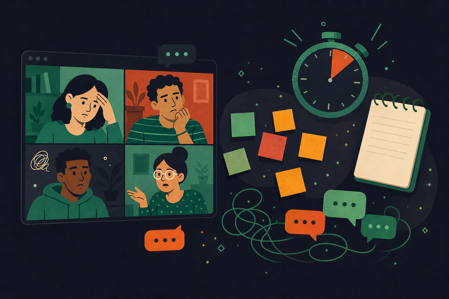 A clean, modern illustration showing common challenges of online meetings: a split-screen showing remote team members on video call with visual indicators of disorganization — a clock showing time running out, scattered sticky notes representing lack of planning, an empty notepad for missing documentation, and chat bubbles showing chaotic discussion. Flat design style with a professional color palette of greens, blues, and whites.