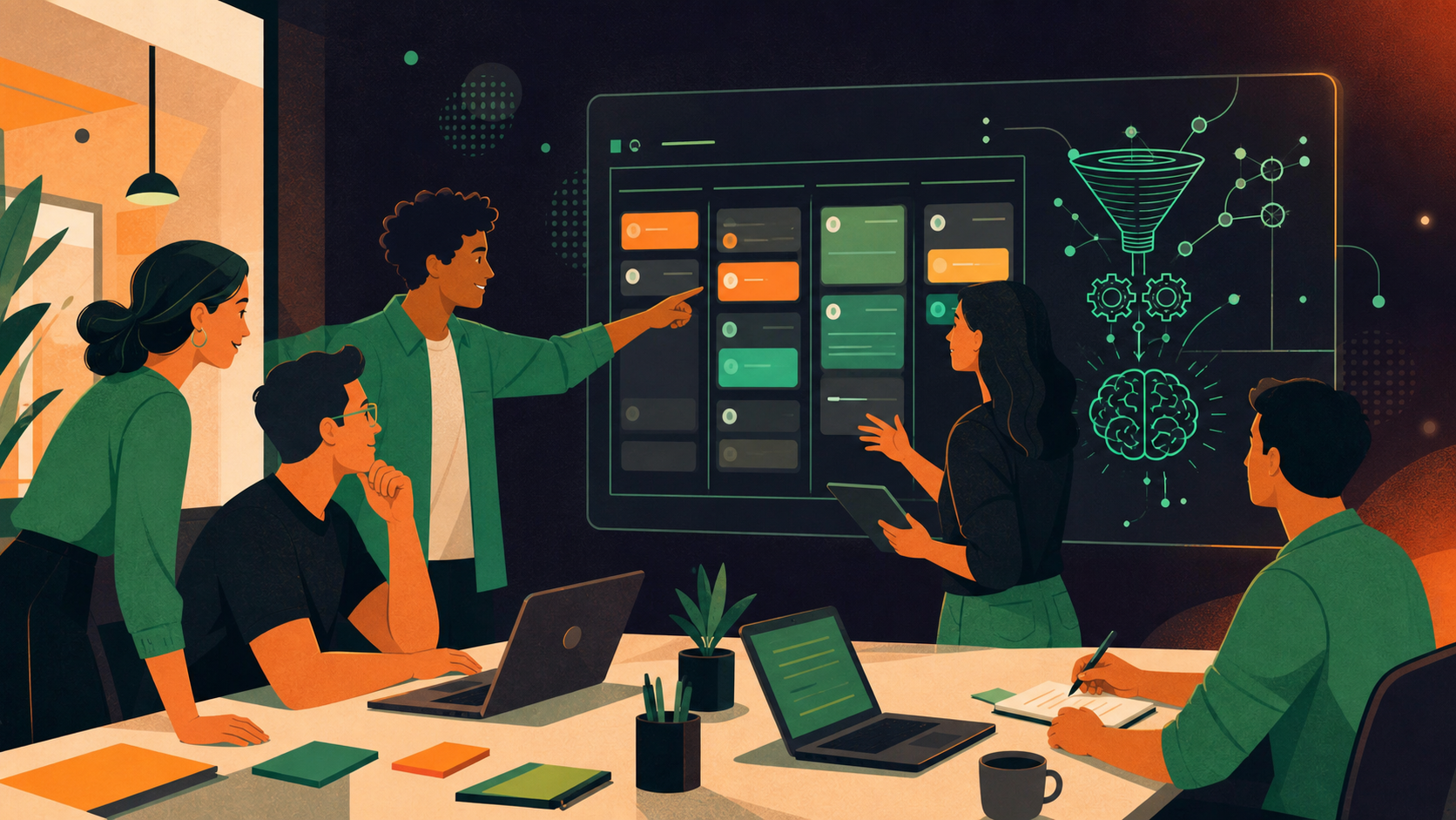 An Agile engineering team gathered around a table in a modern office, mid sprint planning meeting. A large screen displays a digital board with tickets and action items being auto-populated in real time by an AI assistant. Team members are engaged in discussion, some pointing at the screen. The atmosphere is collaborative and energetic, with warm natural lighting and a clean, minimal office aesthetic. Professional illustration style.