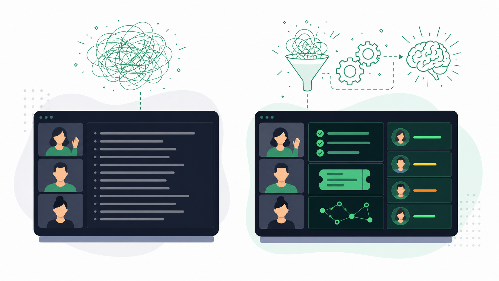 A clean, minimal illustration showing a side-by-side comparison of two AI meeting tools — one showing a basic transcript on screen, the other showing structured action items, ticket suggestions, and assignees being generated in real time during a video call. Tech/SaaS style, flat design, blue and green color palette, white background.