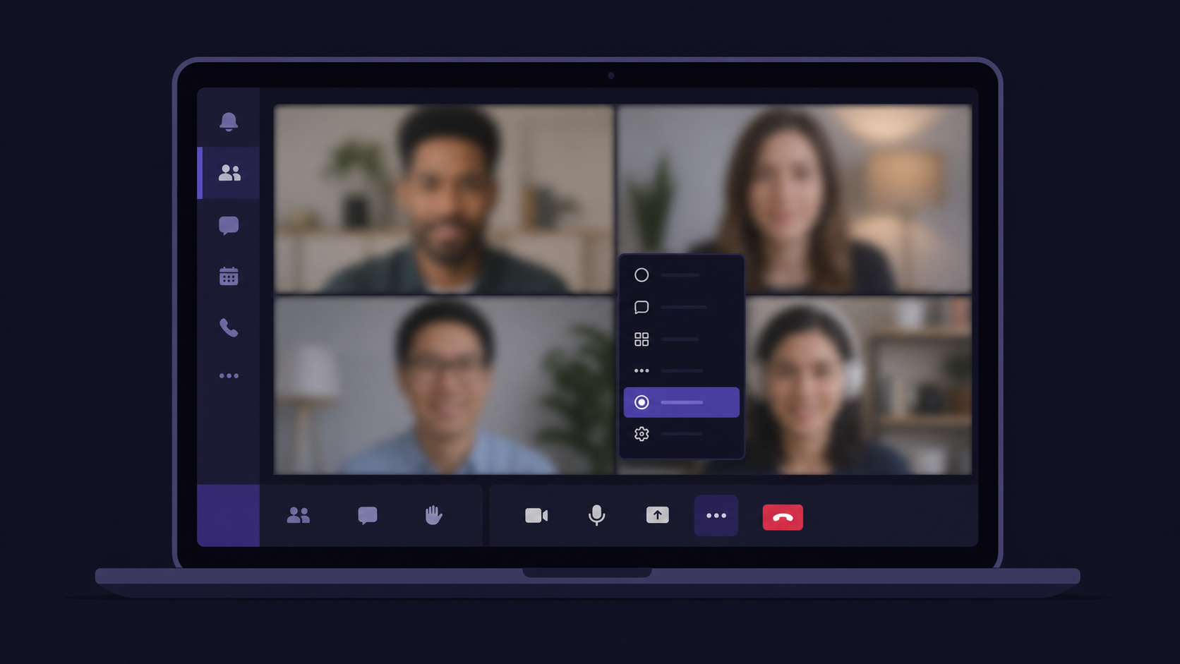 A clean, flat-design illustration of a Microsoft Teams meeting interface on a laptop screen. The meeting controls toolbar is visible at the bottom showing the three-dot "More actions" menu open, with "Start Recording" highlighted in the dropdown. The meeting window shows a video call with blurred participant thumbnails. The overall style is professional and minimal, using Microsoft Teams' signature purple and dark navy color scheme. No text overlays needed.