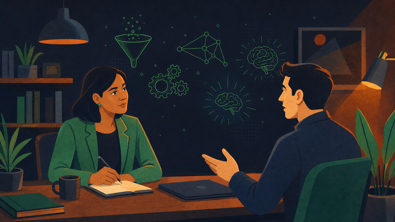 A manager and direct report having a focused one-on-one meeting at a desk, warm and professional office setting, the manager is actively listening and taking notes, clean minimal illustration style, muted blue and green tones