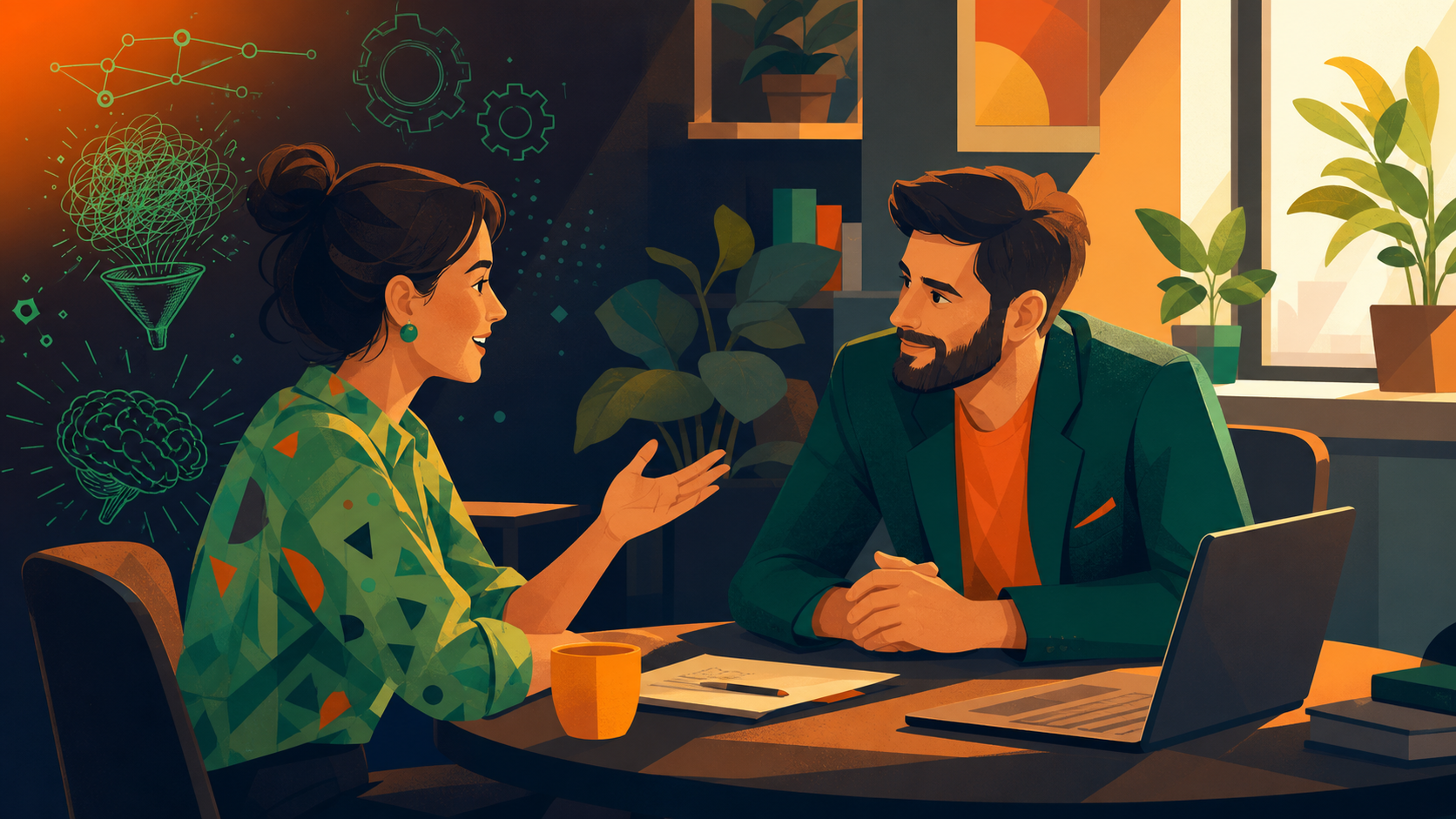 A warm, professional illustration of a manager and employee in a one-on-one meeting. The manager leans forward attentively, listening with genuine care, while the employee speaks openly. A bright, modern office setting with plants and natural light. Clean, flat-style illustration with a friendly, human-centered feel. No text or labels.