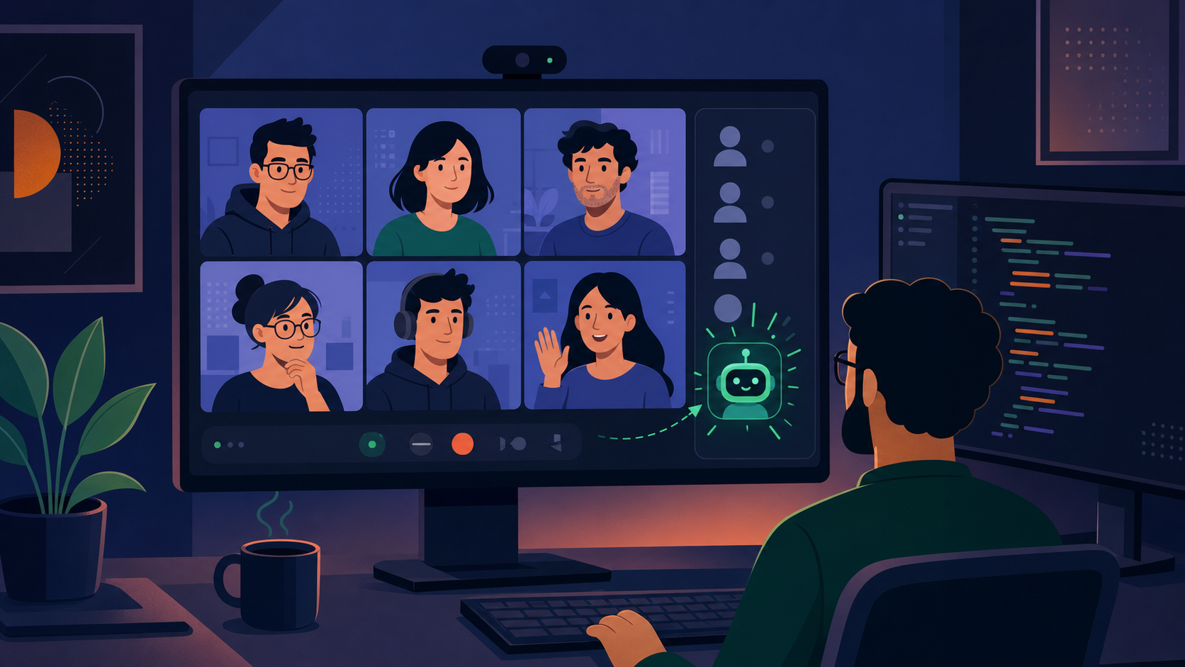 A clean, modern illustration of an AI bot automatically joining a video call with an engineering team. The screen shows a virtual meeting with multiple engineers, code on a secondary monitor, and an AI assistant icon appearing in the participants panel. The style is flat design with a cool blue and purple color palette, professional and tech-forward.