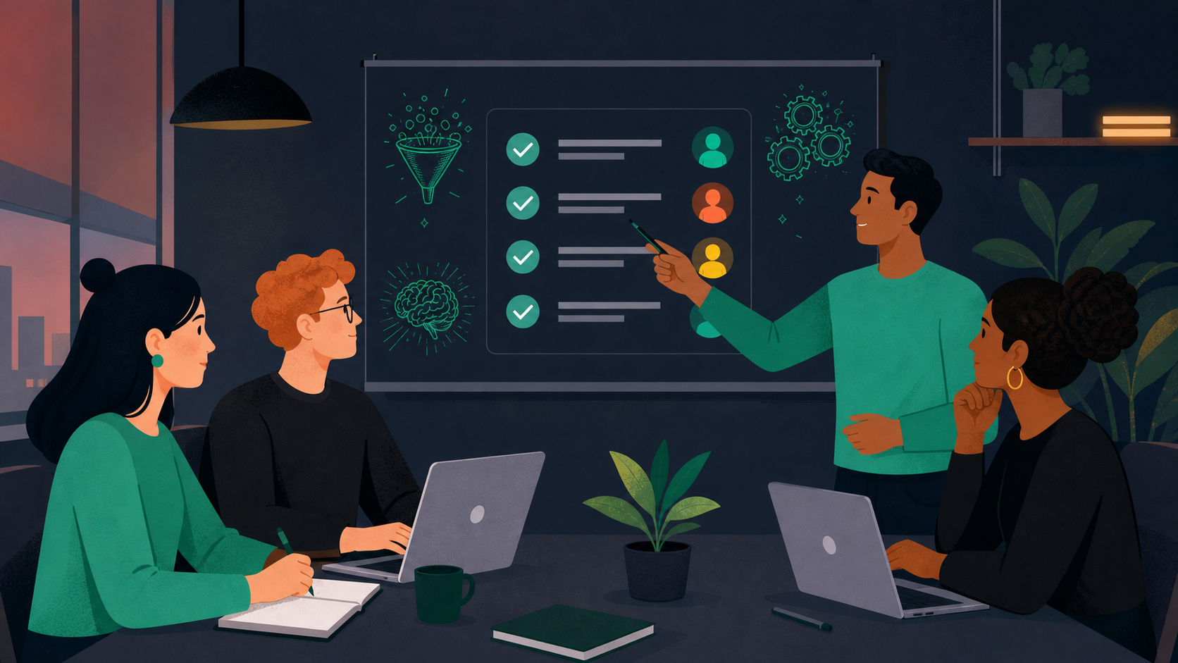 A clean, modern flat-design illustration showing a team wrapping up a productive meeting. One person is pointing at a screen displaying a checklist of action items with names assigned to each task. Others around the table are taking notes or looking at laptops. The style uses soft professional colors — blues, greens, and grays. No text in the image.