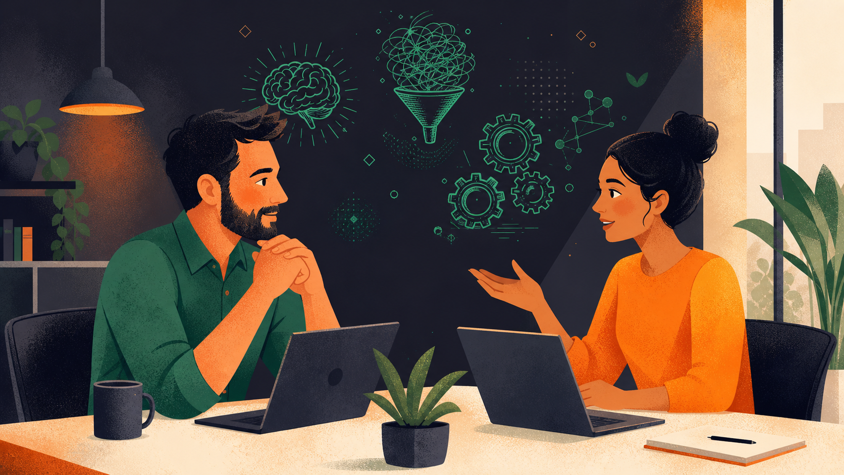 A manager and a new employee having a warm, focused one-on-one meeting at a desk in a modern office. The manager is listening attentively while the new employee speaks. Bright, professional setting with natural light, laptops on the table. Clean, editorial illustration style.