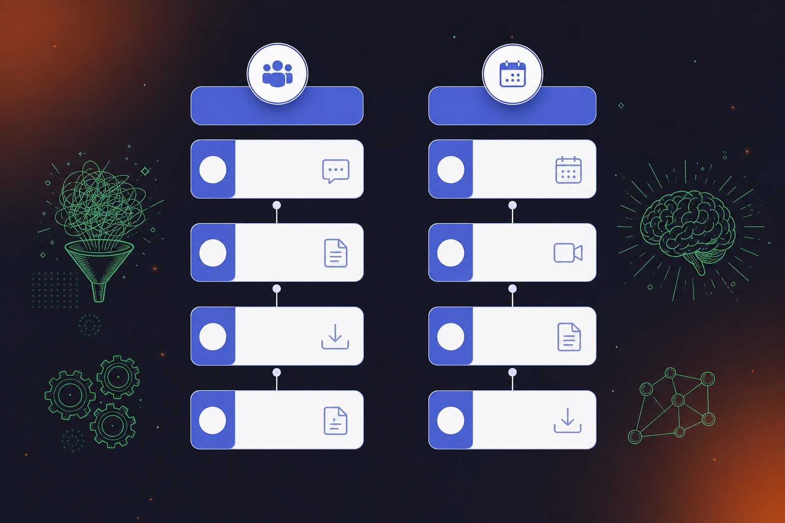 A clean, minimal diagram showing the Microsoft Teams transcript export workflow. Two parallel vertical paths labeled "Via Recap Tab" and "Via Calendar Event", each with 4 numbered steps shown as connected boxes with short labels. Flat design, blue and white color palette matching Microsoft Teams branding, soft shadows, professional tech illustration style. No people, no screenshots — purely diagrammatic.