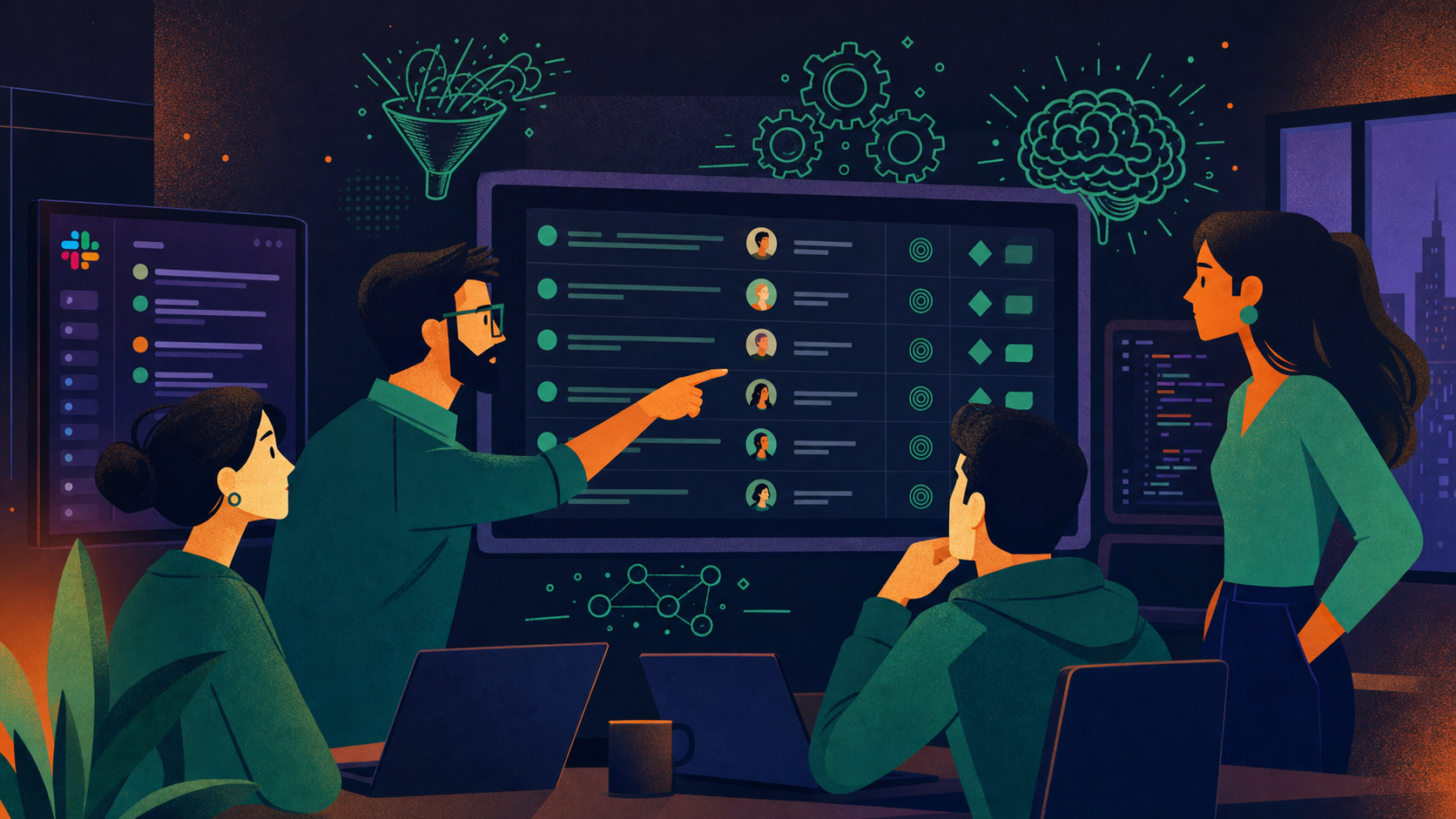 A clean, modern illustration of an engineering team gathered around a screen reviewing automatically generated action items and Jira tickets from an AI meeting assistant. The screen displays a structured list of tasks with assignees, sprint targets, and ticket numbers. One engineer points to a ticket on the screen while others look on. Code editor and Slack interface visible in the background. Flat design style with a cool blue and purple color palette, professional and tech-forward.