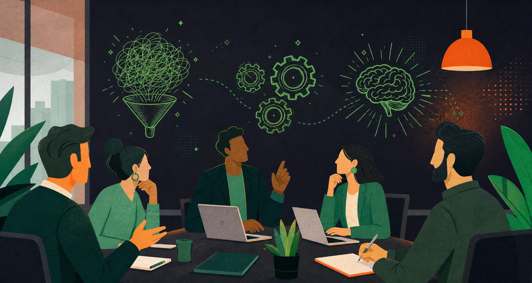 A professional sales team meeting in a modern office setting. Several people are seated around a conference table with laptops and notebooks, engaged in discussion. Clean, bright, corporate atmosphere. Wide format illustration style.