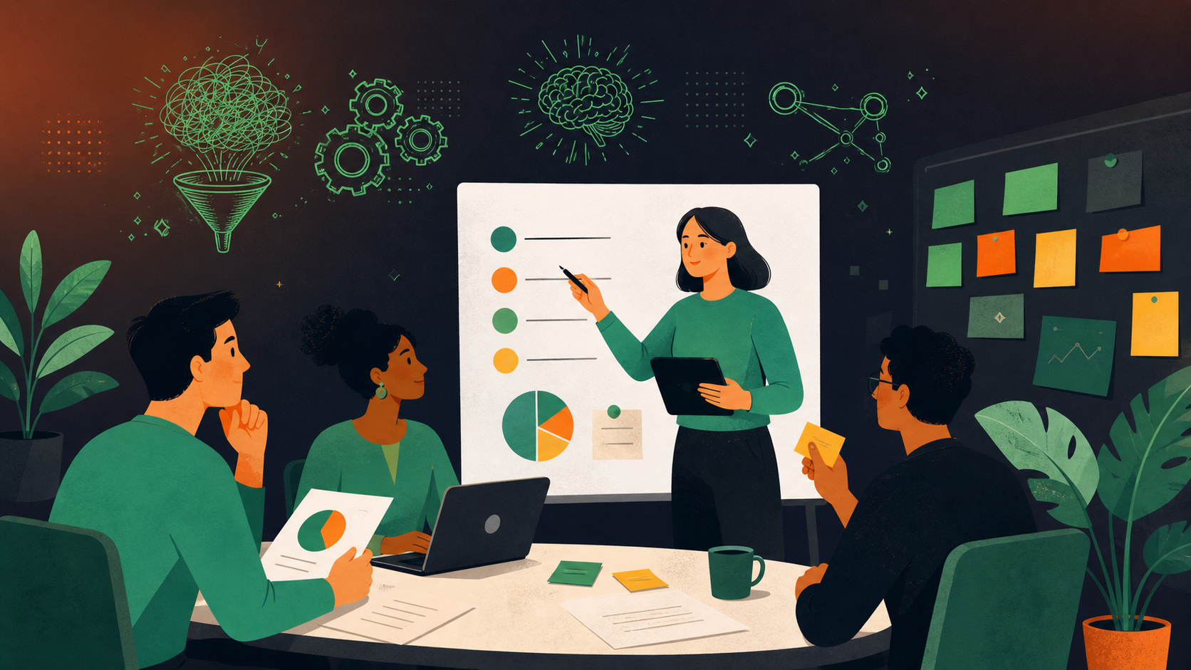 A clean, modern flat-style illustration of a small team organizing a productive working session. A facilitator stands at a whiteboard with a structured agenda visible, while teammates around a table review documents, laptops open, sticky notes on the wall. One person points to a priority list. Bright, professional color palette with soft greens and whites. No text labels needed.