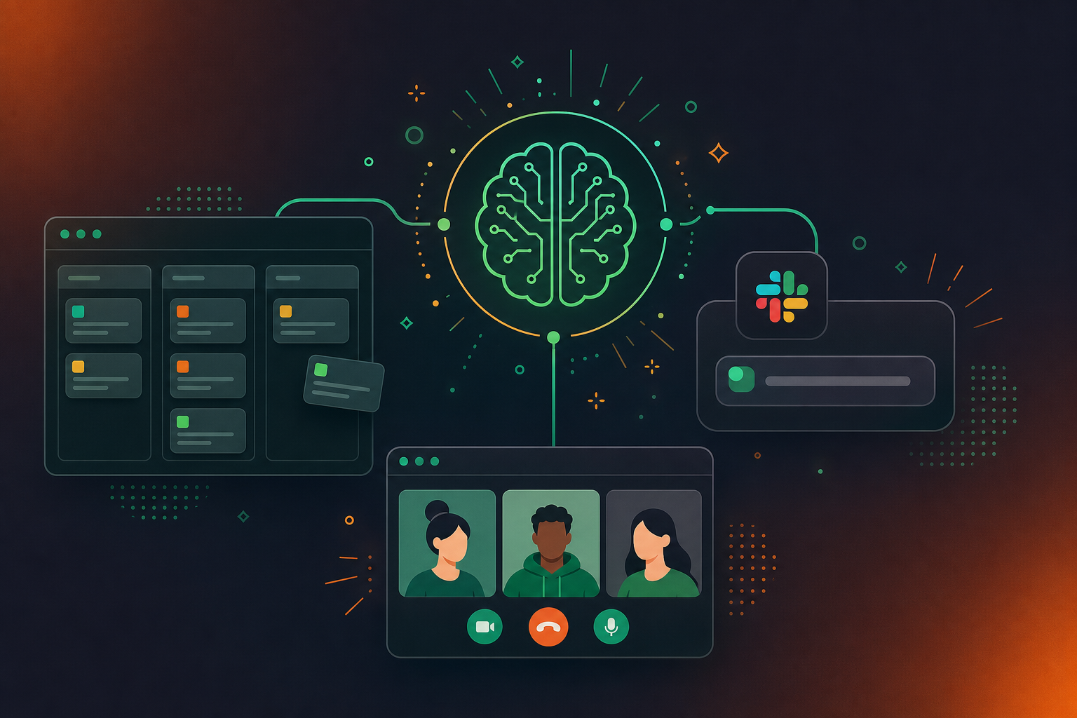 A visual diagram showing AI-powered sprint planning workflow: a central AI brain icon connected to a sprint board with Jira tickets, a Slack notification, and a Zoom meeting window. Flat-illustration style with a clean, professional color palette of blues and greens. No text overlays.