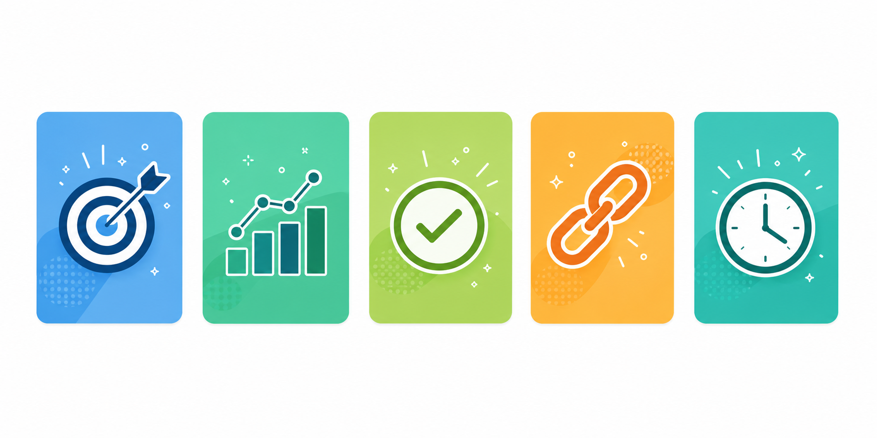 A clean, modern flat-design illustration showing the 5 components of SMART goals arranged in a horizontal row: Specific, Measurable, Achievable, Relevant, Time-bound. Each word appears inside a distinct colored block or card with a simple icon representing each concept (target for Specific, bar chart for Measurable, checkmark for Achievable, link/chain for Relevant, clock for Time-bound). Bright, professional color palette with blues and greens. White background. No people. Minimalist SaaS style.