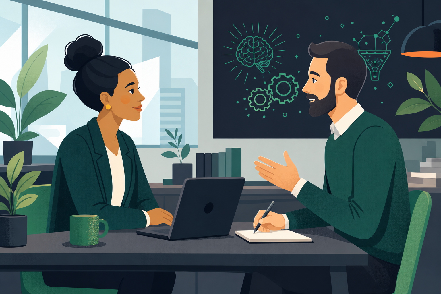 A clean, modern flat-style illustration of a manager and employee sitting across from each other at a desk in a bright, contemporary office. They are having a collaborative one-on-one performance review conversation. Both look engaged and positive. Minimalist color palette with soft blues and greens. Professional workplace setting with a laptop and notepad on the table. No text or labels in the image.