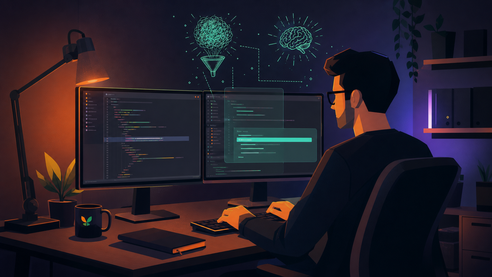 A developer sitting at a modern desk with dual monitors, writing code in a dark-themed IDE. Glowing AI-generated code suggestions appear as a soft overlay on the screen, with highlighted autocomplete lines. The atmosphere is focused and futuristic, with subtle blue and purple ambient lighting. Clean, professional illustration style.