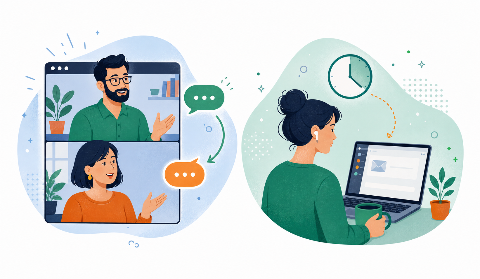 A clean, modern illustration showing two sides of a remote team communication split: on the left, two people on a live video call with speech bubbles showing real-time back-and-forth (synchronous), and on the right, a person reading an email or Slack message on their own time with a clock showing flexible timing (asynchronous). Flat design style, soft blue and green color palette, professional and minimal, white background.