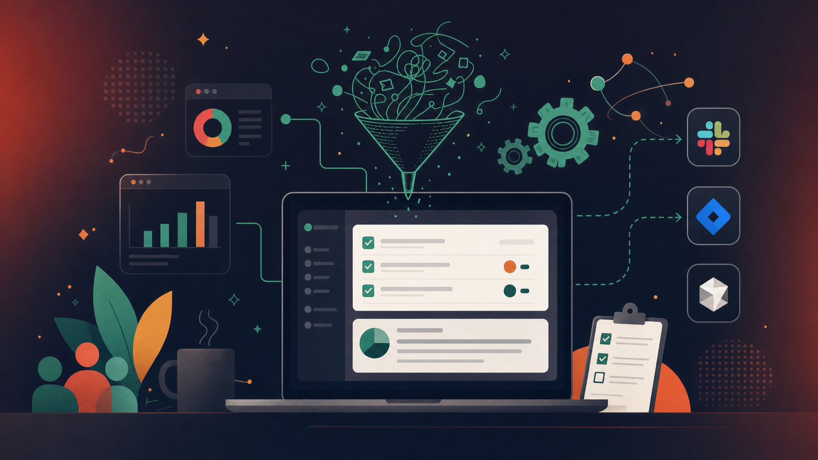 Clean, modern flat illustration showing a team in a meeting with AI automatically generating action items and summaries. A laptop screen displays a structured meeting summary with checkboxes and task assignments. Icons for Slack, Jira, and other tools float nearby connected by arrows. Muted blue, teal, and white color palette. Professional, B2B SaaS style. No people shown in detail, no text labels.