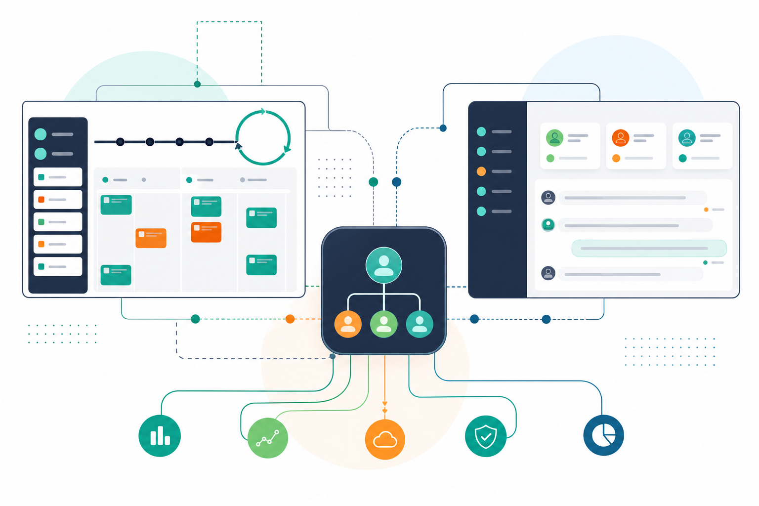 A clean, modern flat-design illustration showing two overlapping enterprise workflows. On the left, a structured sprint board representing Scrum tools with a timeline, backlog column, and sprint cycle arrow. On the right, a flexible daily check-in interface representing standup tools with simple status cards and a conversation thread. Both sides connect to a central enterprise platform hub with a company org chart and data flow lines, symbolizing an organization-wide system of record. Professional teal and indigo color palette, white background, minimal and corporate style.