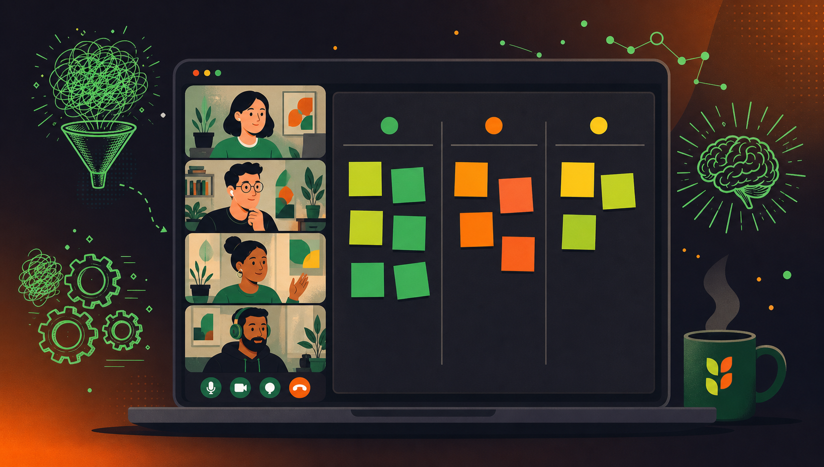 A flat-style illustration of a remote engineering team running a sprint retrospective. Four team members are shown on a shared digital board with sticky note columns labeled "What went well," "What didn't," and "Action items." A laptop screen shows a video call interface. Color palette is clean and modern with greens and blues. No text labels on sticky notes. Horizontal format.