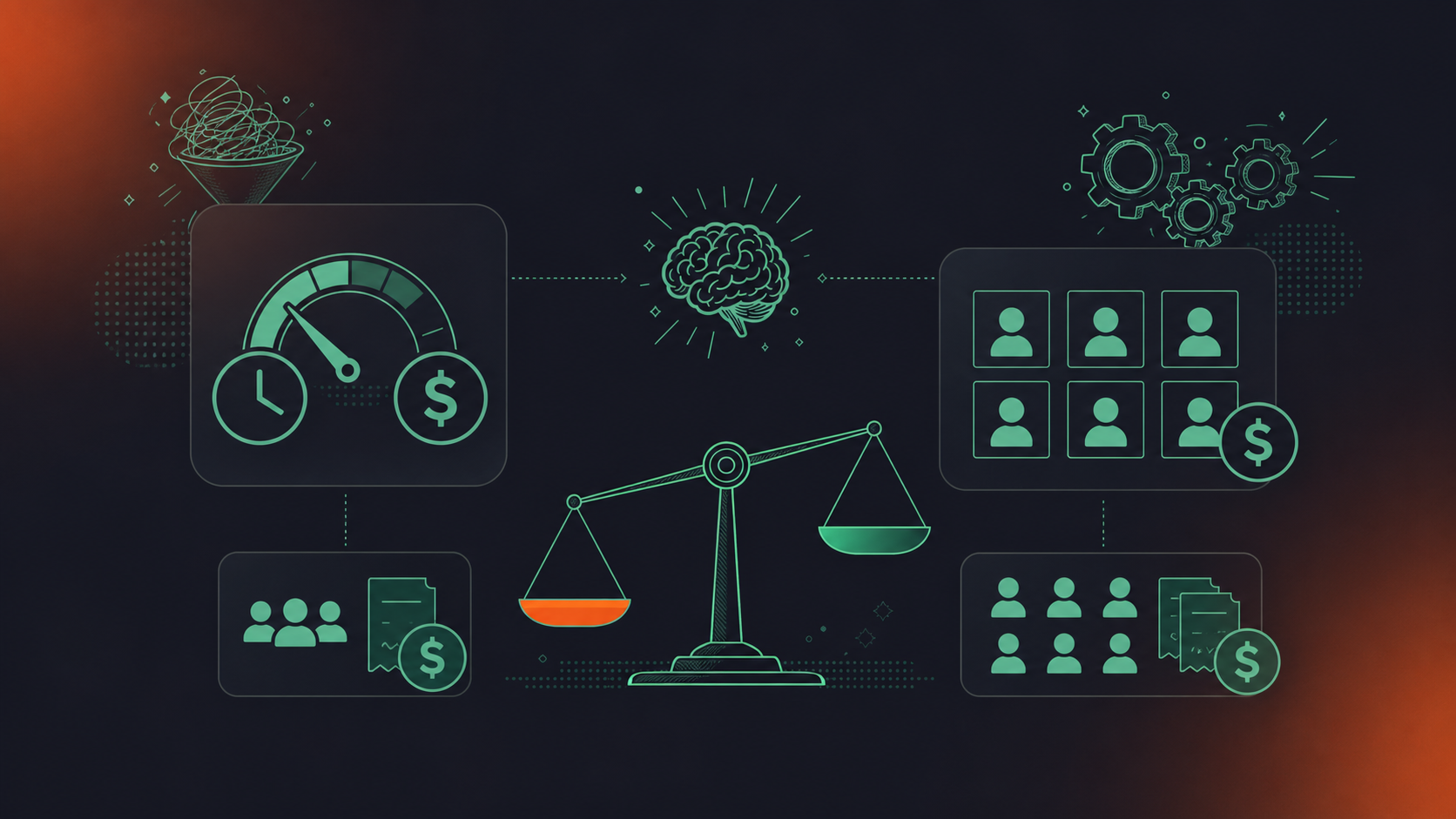 A clean flat design illustration showing a side-by-side cost comparison between usage-based and seat-based pricing models for software. On the left, a "pay per use" meter icon with a clock and dollar sign, labeled with a low bill for a small team. On the right, a fixed seat grid showing user icons with a consistent price tag per seat. A simple balance scale in the center tips slightly left for small teams. Green and white color palette, professional enterprise tech aesthetic, minimal iconography, no text.