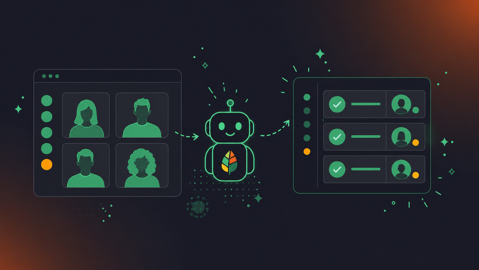 A clean flat design illustration showing an AI bot joining a video meeting and automatically extracting action items. A simple meeting interface with participant icons on the left, connected by arrows to a project board on the right with task cards showing owner names and due dates. Green and white color palette, professional enterprise tech aesthetic, minimal iconography, no text.