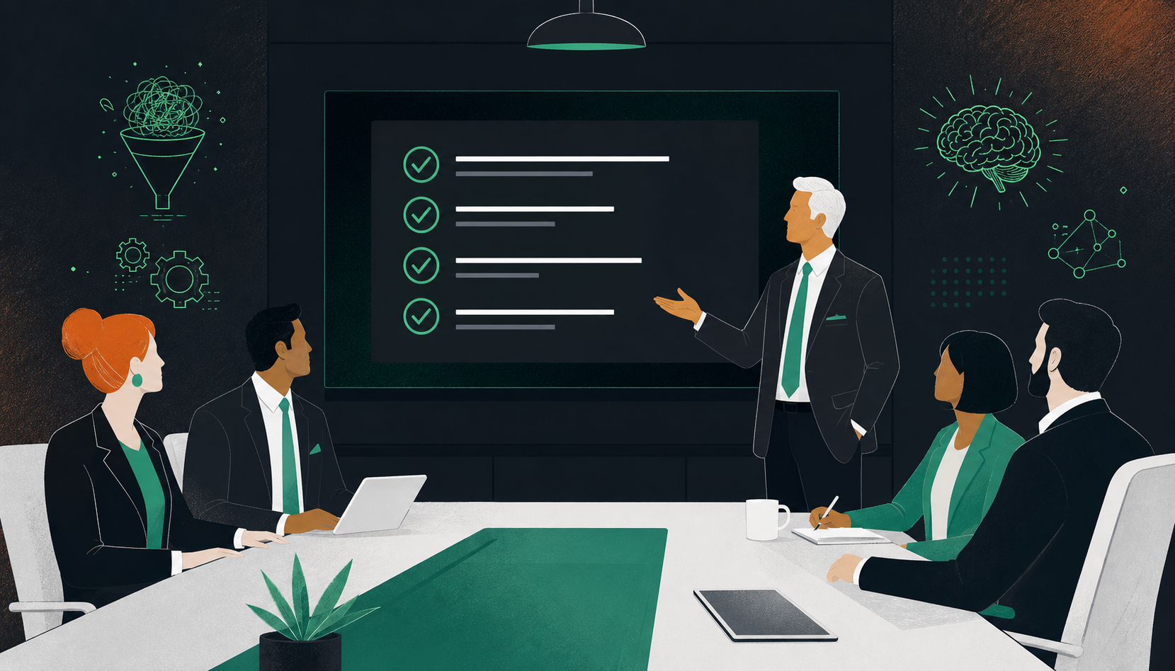 A clean flat-design illustration of C-suite executives gathered around a modern boardroom table during a high-stakes meeting. A large digital screen at the front of the room displays an agenda with items being checked off in real time. One executive is speaking while the others are engaged and listening. The scene feels focused and professional. Green and white color palette with subtle green accents. Minimal, corporate, polished style consistent with a SaaS blog.