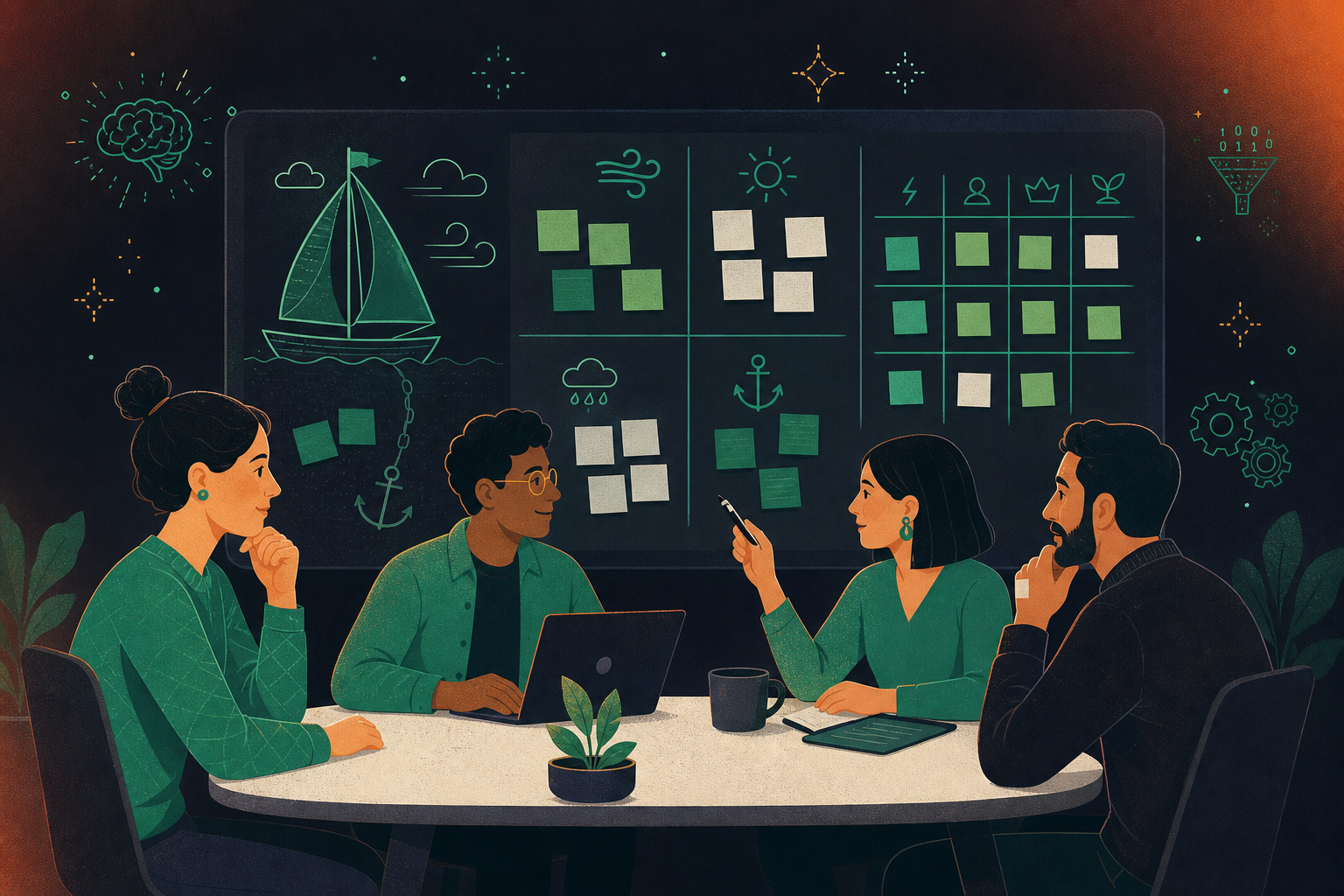 A clean flat design illustration of a team retrospective meeting. Four diverse teammates sitting around a table with a whiteboard behind them showing a sailboat metaphor (wind and anchor icons), sticky notes in clusters labeled "Mad", "Sad", "Glad", and a simple DAKI framework grid. Green and white color palette, professional enterprise aesthetic, minimal iconography, no text labels except the format names on the whiteboard.