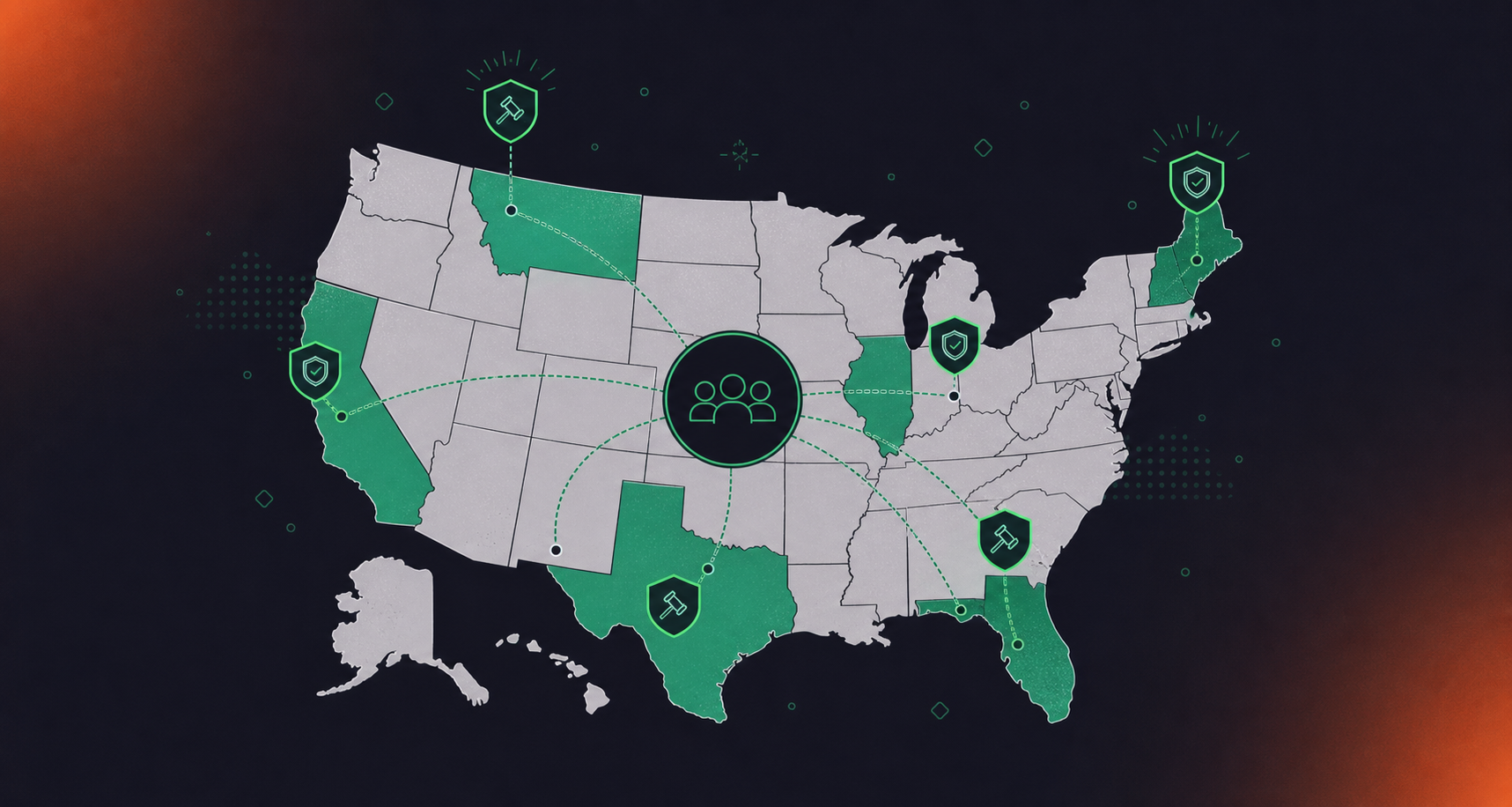 A clean flat design illustration representing multi-state recording consent jurisdiction complexity. A simplified map of the United States with some states highlighted in green (representing all-party consent states) and others in light grey (one-party consent states). Small shield or gavel icons float above the highlighted states. A central meeting icon connects to multiple state icons with dotted lines, signaling cross-jurisdiction rules. Green and white color palette, professional enterprise tech aesthetic, minimal iconography, no text.