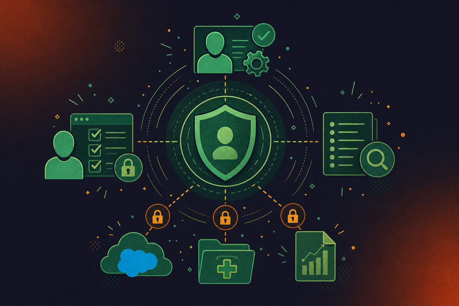 Clean flat-style tech illustration showing enterprise permission controls for AI connectors. Central shield icon representing governance, with radiating layers showing: admin approval workflows, per-user credential scoping, audit logs, and connector access restrictions. Icons for Salesforce, healthcare records, and financial documents connected via locked/permissioned lines. Dark navy background, modern B2B SaaS aesthetic. No text labels inside the image.