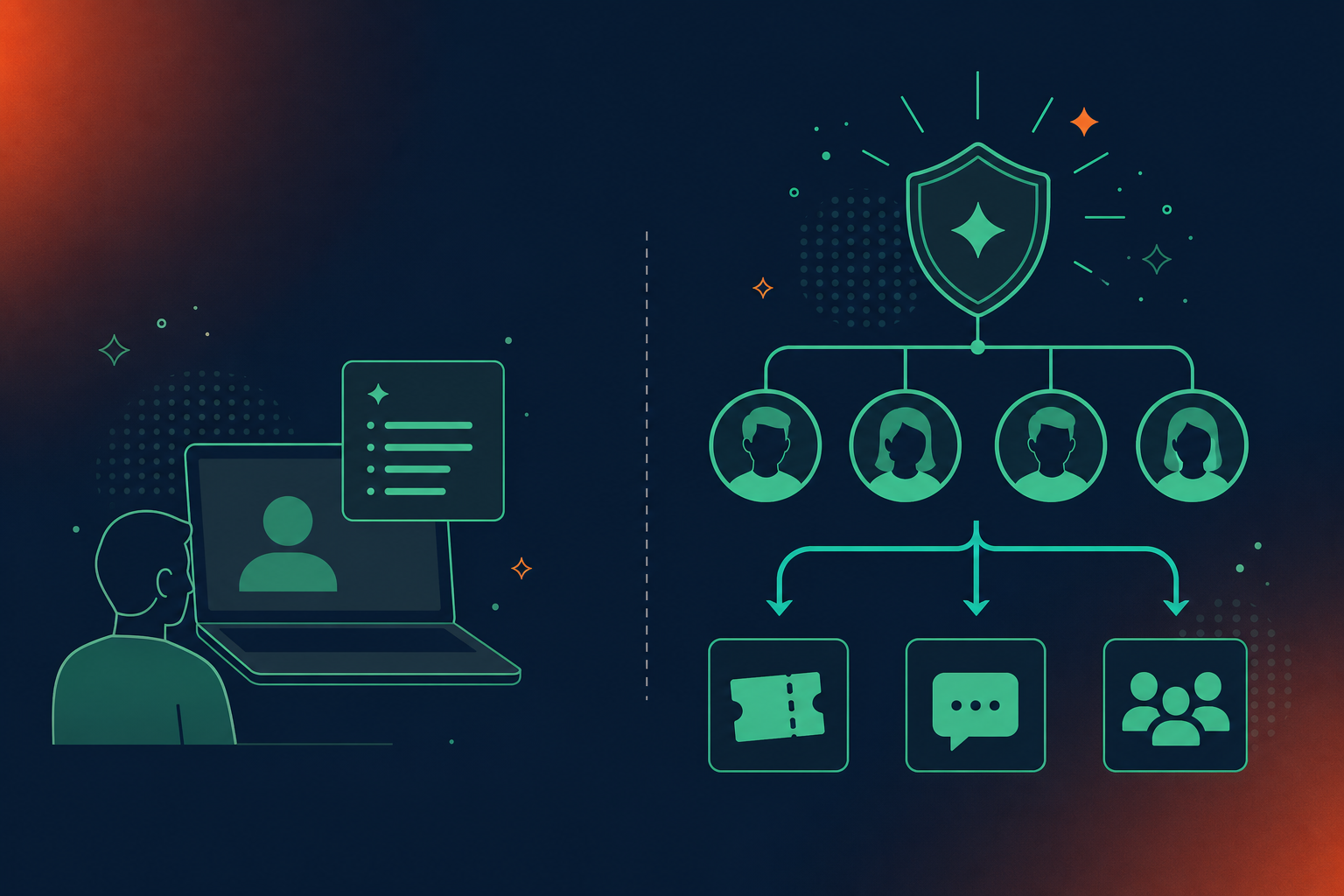 Clean, modern flat-style SaaS illustration. Dark navy blue background (#0F1B2D). Left side labeled "Individual Tool" shows a single laptop with a person silhouette and a floating notes card, isolated with no connections. Right side labeled "Org-Wide Platform" shows a network of team member icons connected under a single shield icon, with output arrows flowing into small app icons (ticket, chat bubble, CRM). Accent color: bright teal (#00C4B4) for arrows, icons, and highlights. White text labels. Minimal, professional, no gradients, flat shapes only.
