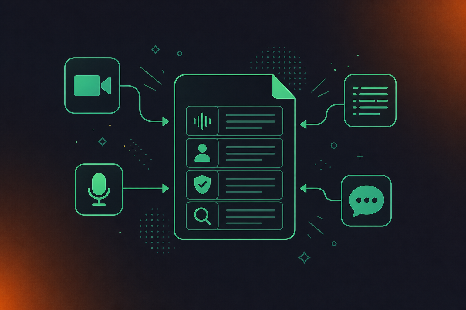 A clean flat design illustration of a meeting system of record. A central document icon with labeled rows representing multimodal capture, speaker attribution, retention policy, and search. Arrows from video, audio, transcript, and chat icons flow into the central record. Green and white color palette, professional enterprise tech aesthetic, minimal iconography, absolutely no text or labels.