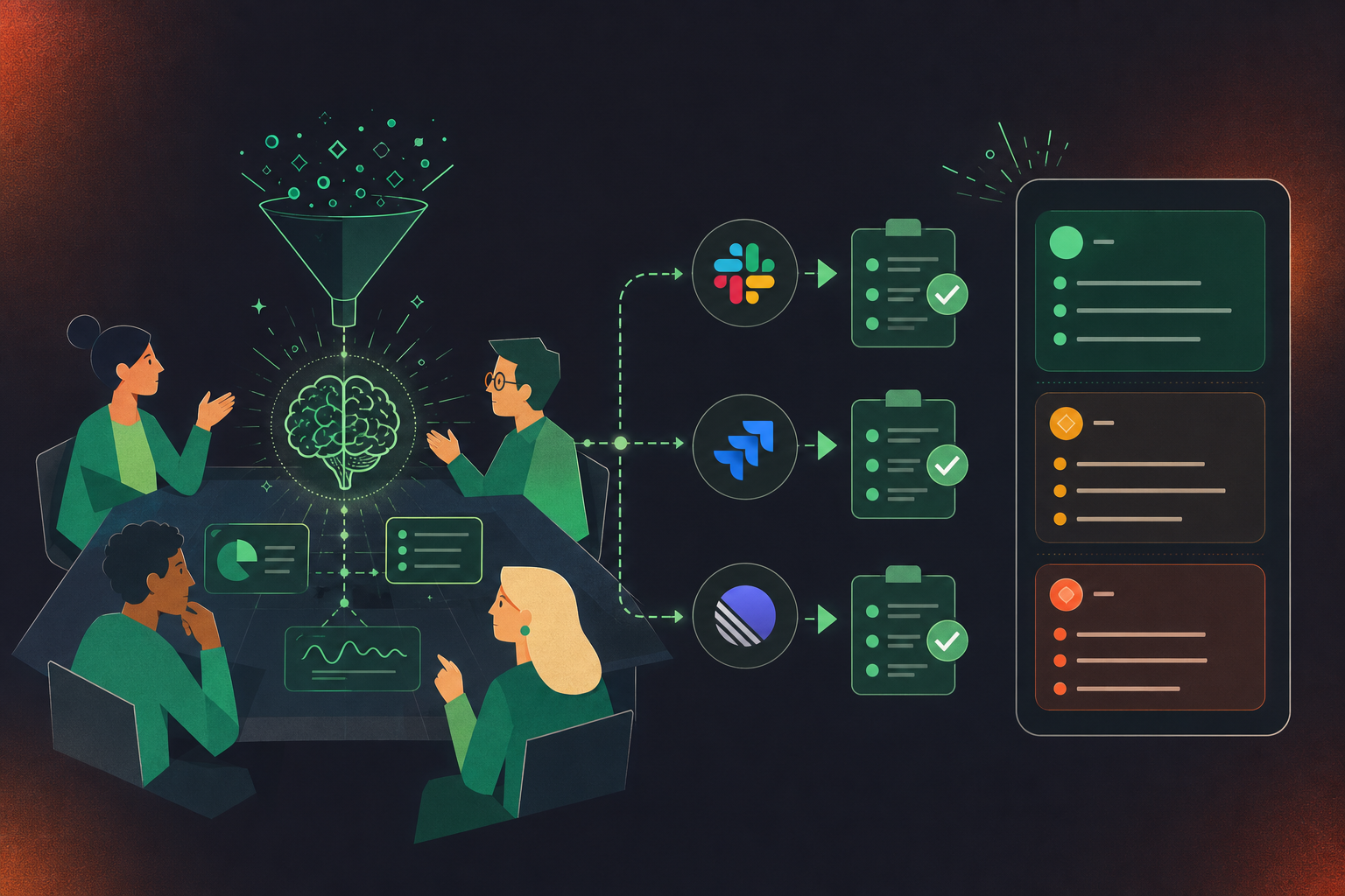 Clean flat design illustration for an enterprise tech blog. A visual showing a meeting workflow: abstract team members around a virtual table, with AI-generated action items and tickets flowing out into icons representing Slack, Jira, and Linear. Green checkmarks on completed tasks, a structured summary card on the right with categorized sections for decisions, blockers, and next steps. Green and white color palette, soft gray background, minimal iconography, professional enterprise aesthetic, no text labels.
