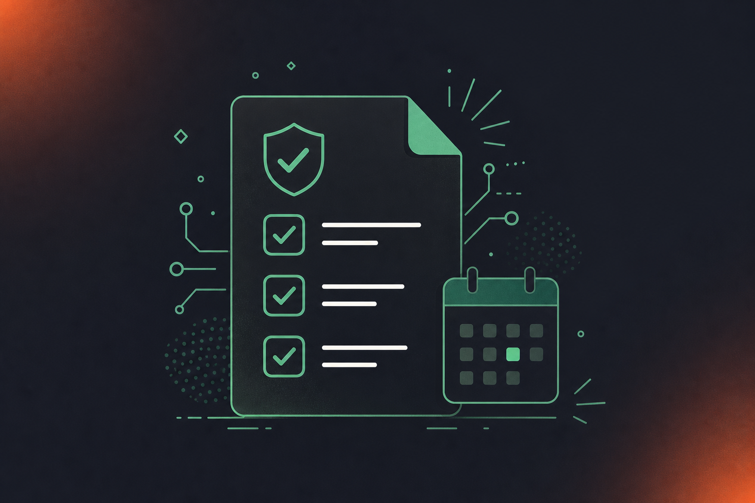 A clean flat design illustration showing a legal compliance checklist for meeting recordings. A document icon with three labeled checkboxes representing "Legitimate Interest", "Contractual Necessity", and "Consent" as GDPR lawful bases. A small calendar icon nearby signals documentation timing. Green and white color palette, professional enterprise tech aesthetic, minimal iconography, no text.