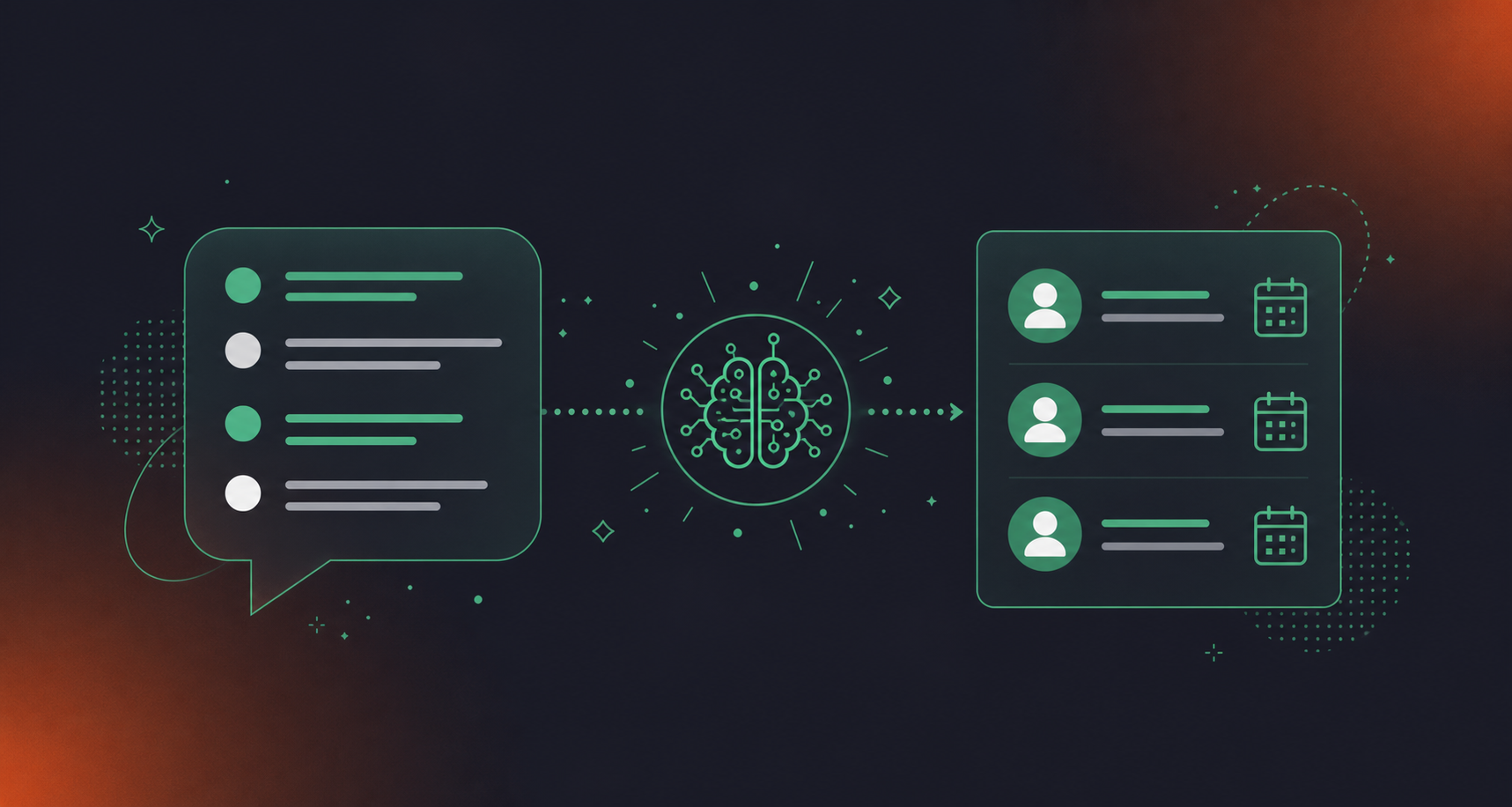 A clean flat design illustration showing AI action item extraction from a meeting. On the left, a speech bubble with abstract conversation lines representing spoken dialogue. In the center, a small AI brain/processor icon. On the right, a structured checklist or task list with three items, each showing a person icon and a calendar icon representing named owners and deadlines. Green and white color palette, professional enterprise tech aesthetic, minimal iconography, no text.